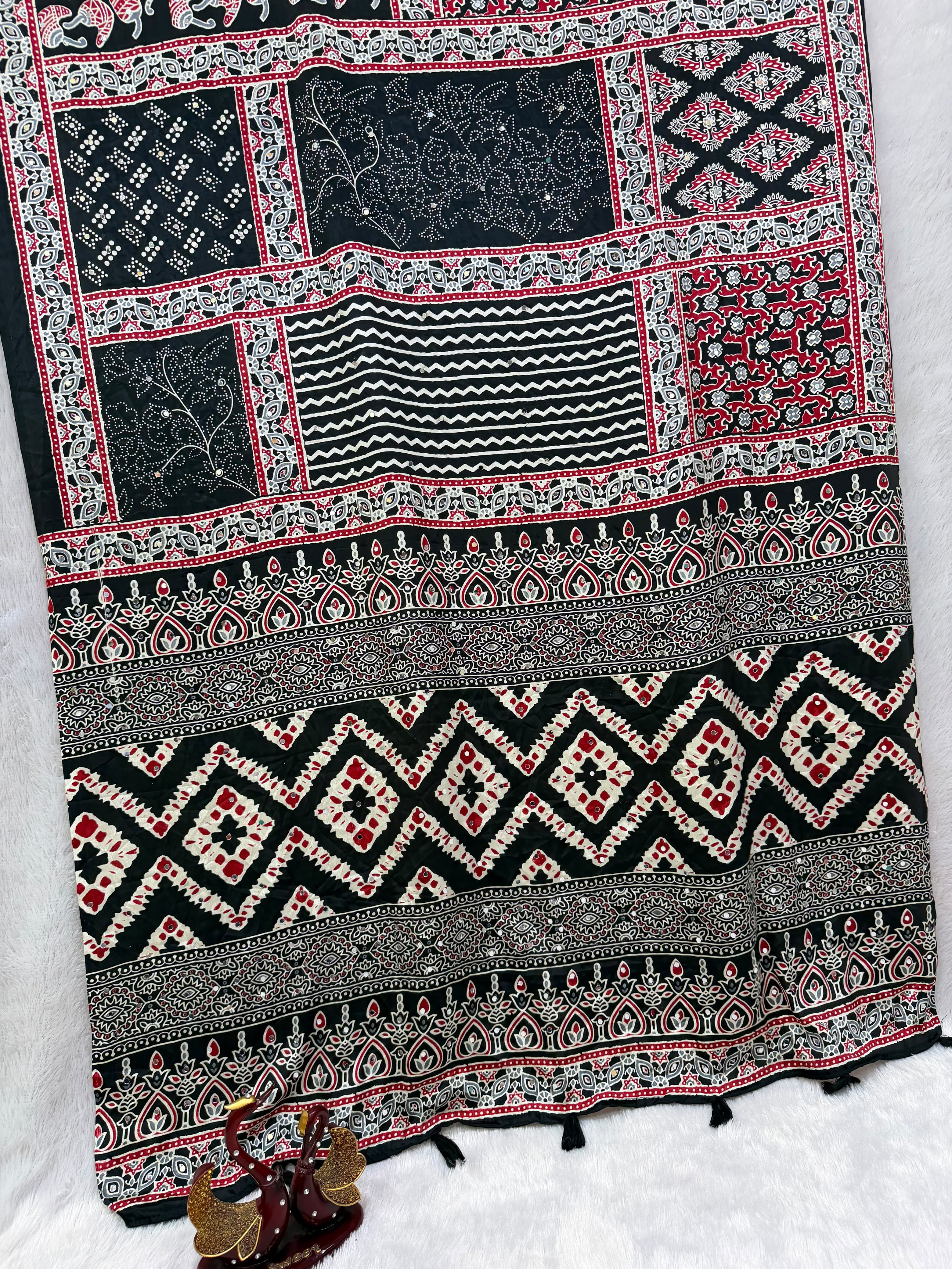 Beautiful Ajarakh Sarees with Real Mirror Work and Latkan