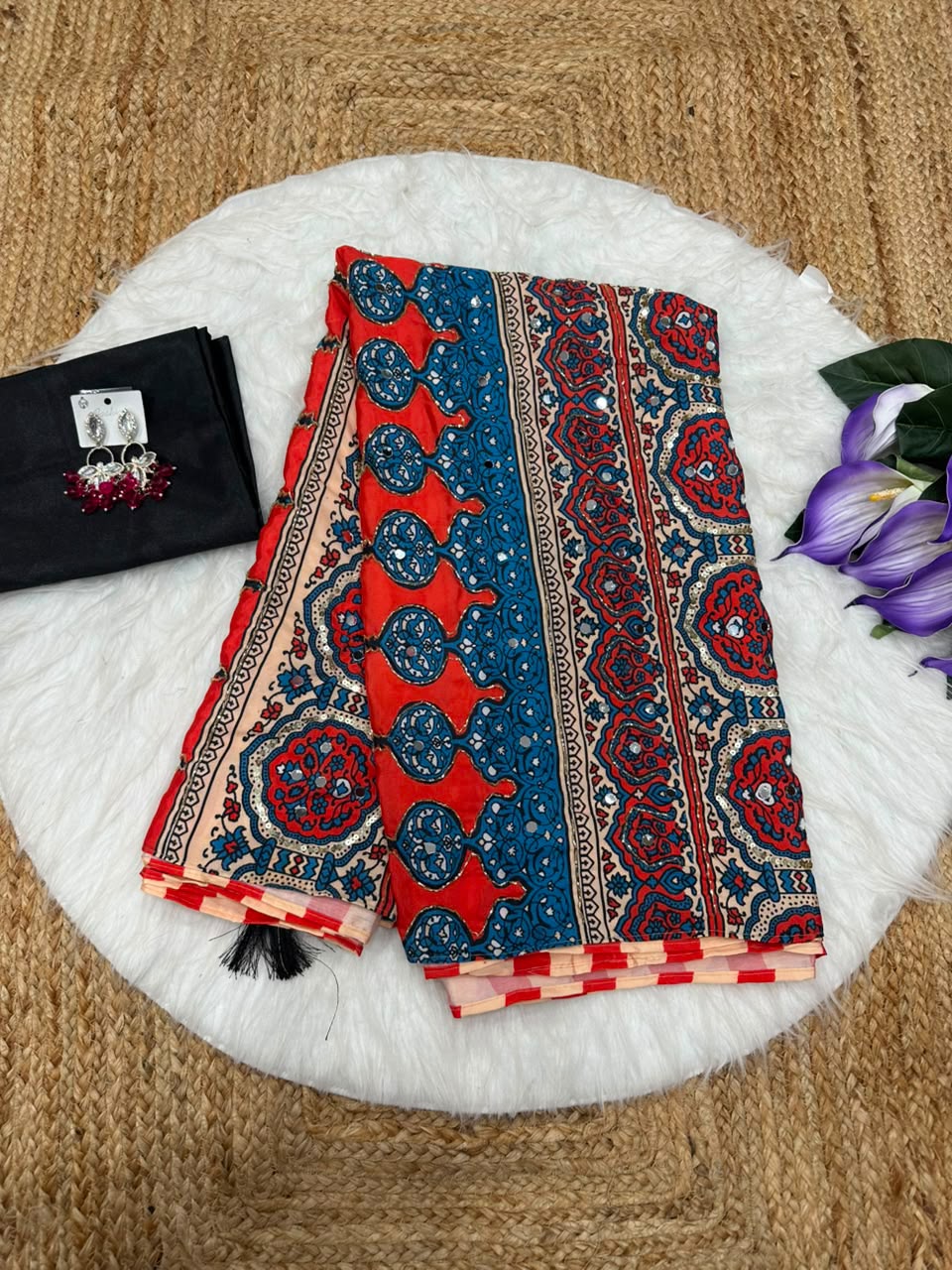 Crape mirror work semi partywear sarees