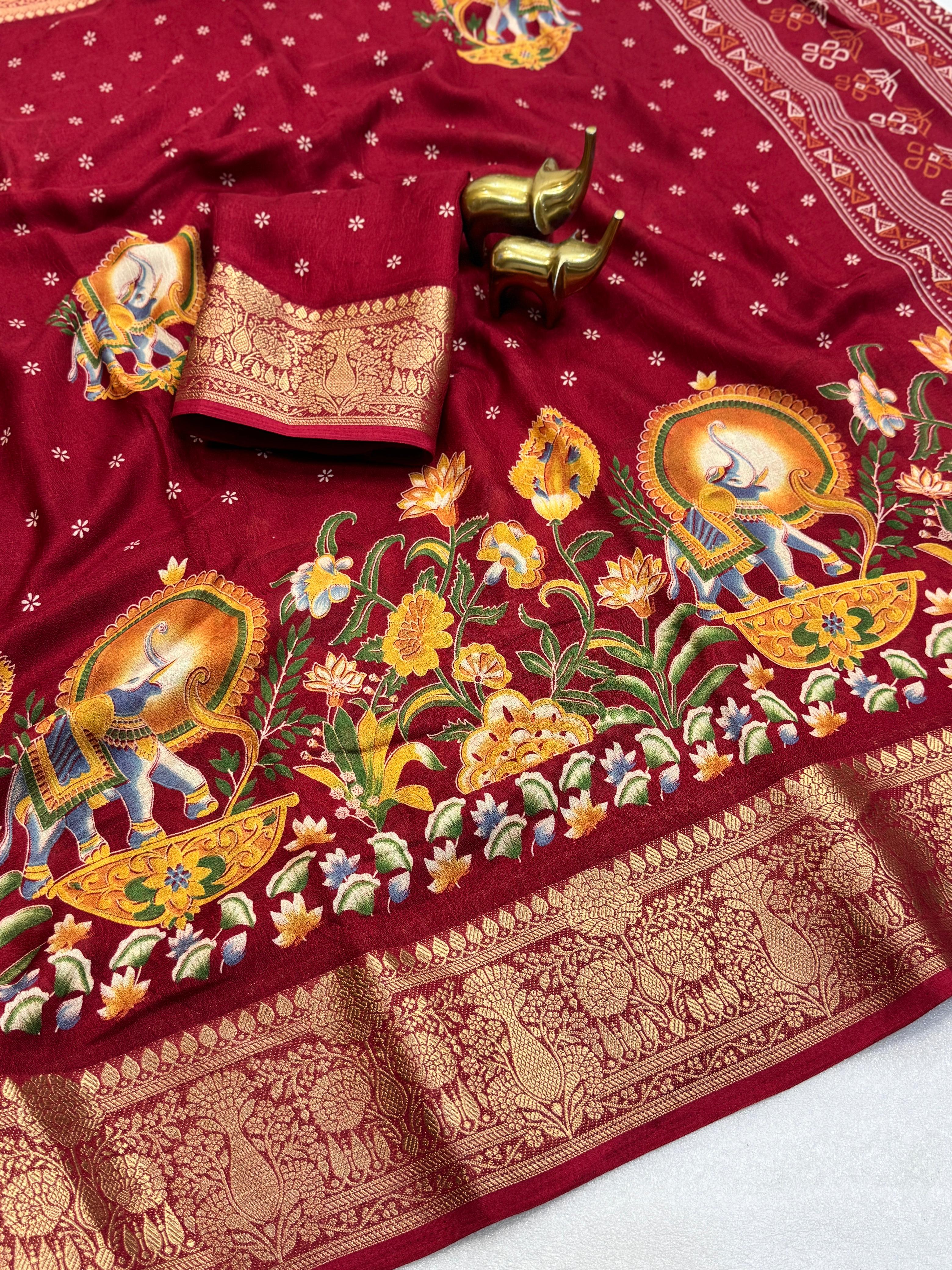 MASSMELLO SELF JEQURED SAREE HEAVY JEQ BORDER KALMKARI PRINT SAREE 