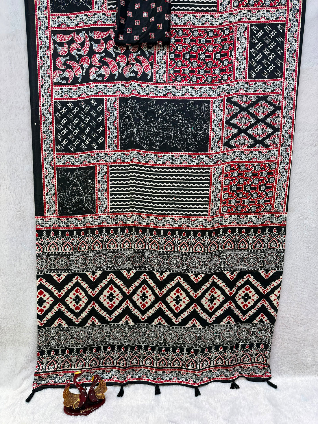 Beautiful Ajarakh Sarees with Real Mirror Work and Latkan