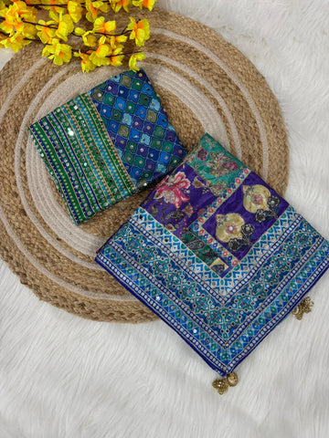 Trending New Ajrakh Saree with Mirror Work