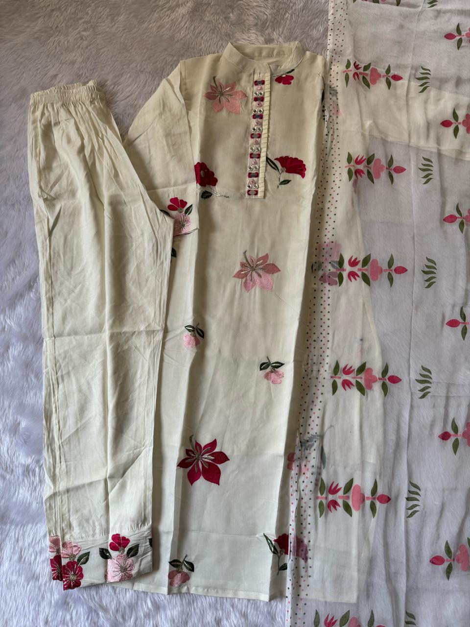 Cream Premium Designer Kurti Set