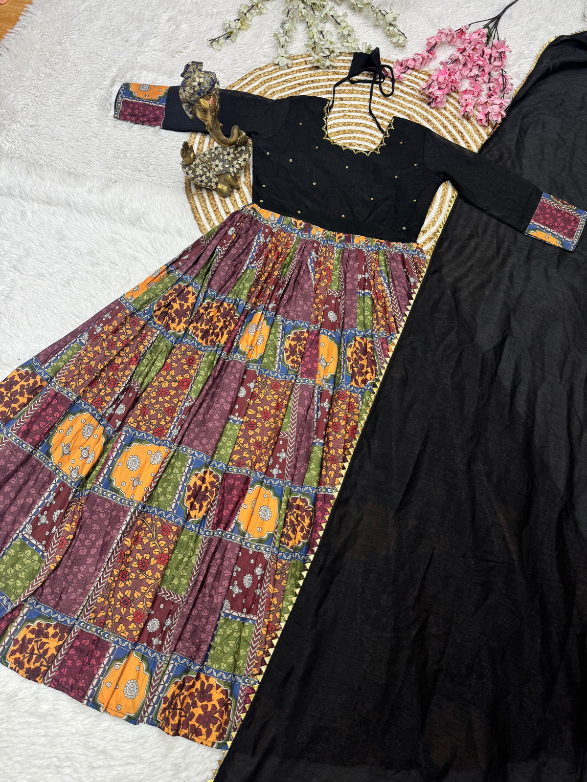 Vichitra Silk and Muslin Gown with Handwork & Duppata with Lace Border