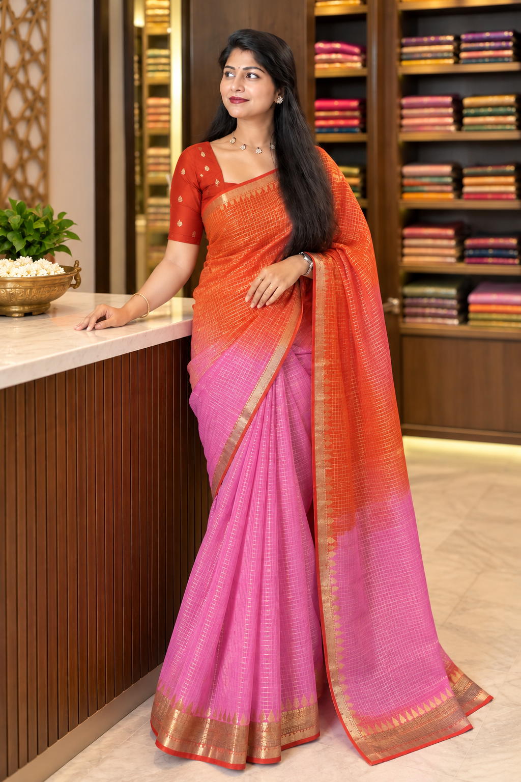 Viscose Temple Border Sarees with Chex design & Meena blouse