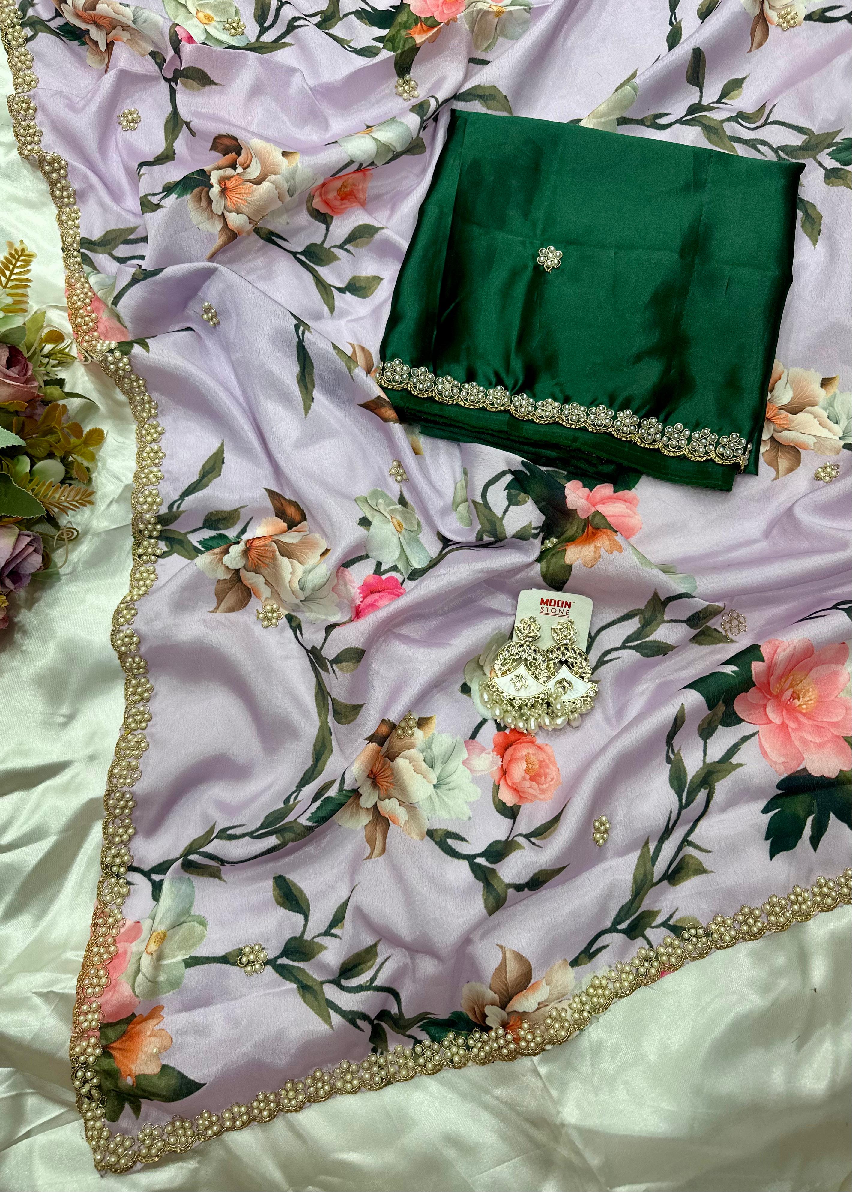 Chinnon Saree with Floral Designs & Moti Work