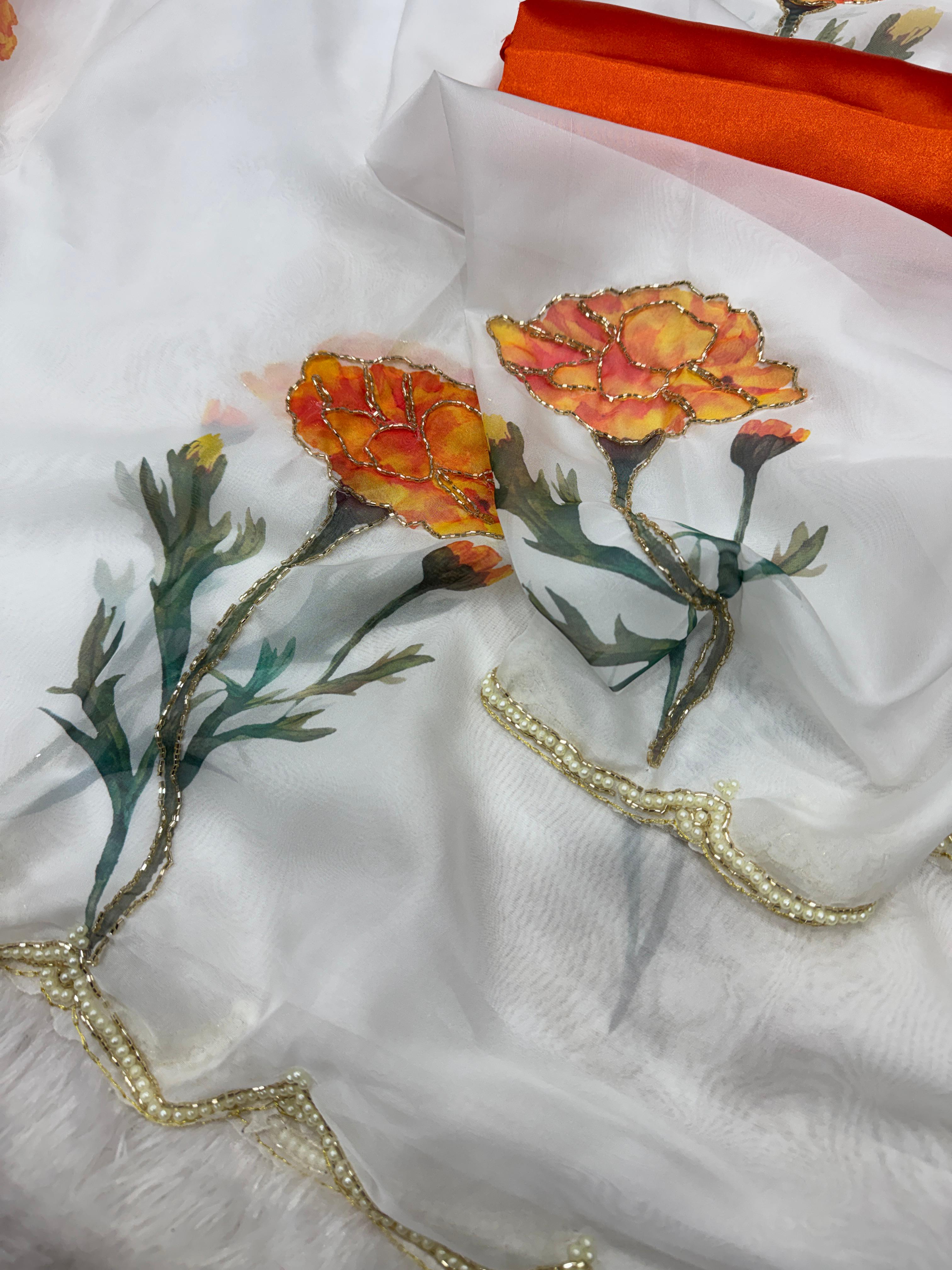 Premium Soft Tebby Silk Saree with Beautiful floral design with beads and katdana handwork