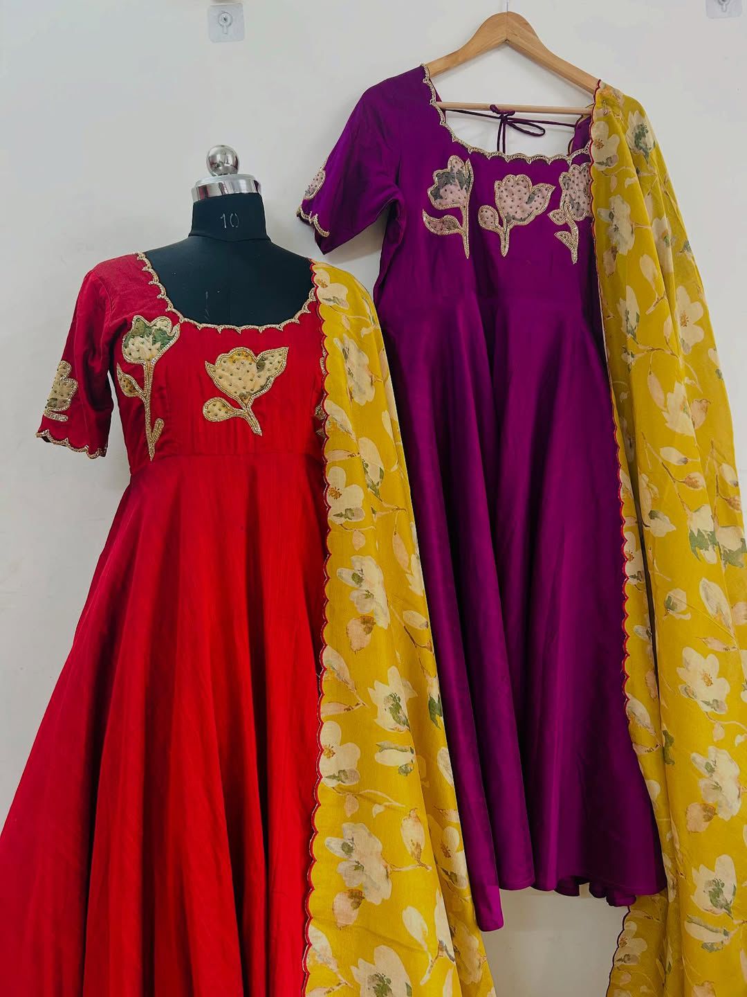 Beautiful Vichitra Hand painted Maggam Work Gown with Dupatta