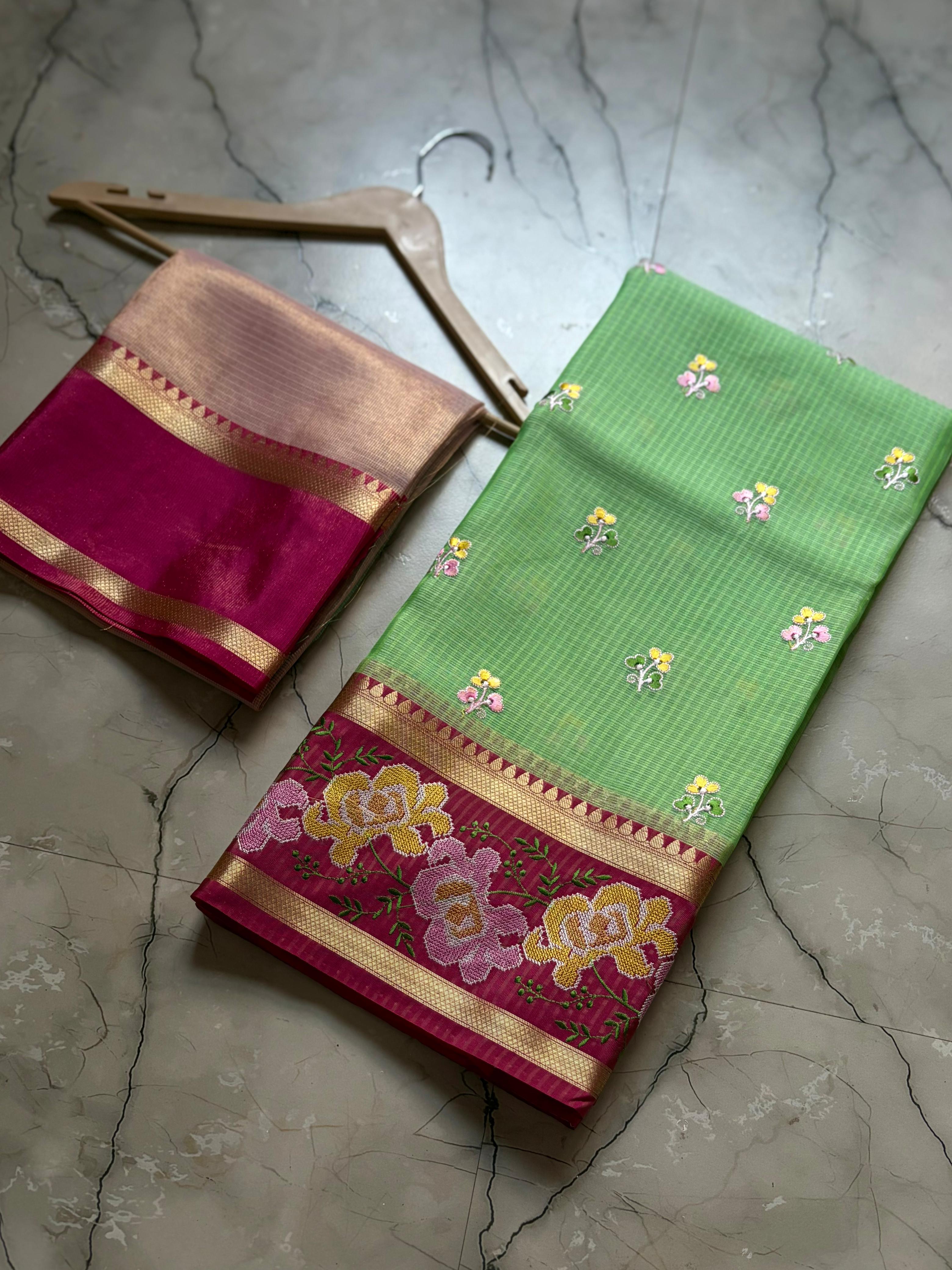 Banarasi Embroidery Pink Border Designer Kota Checks Sarees