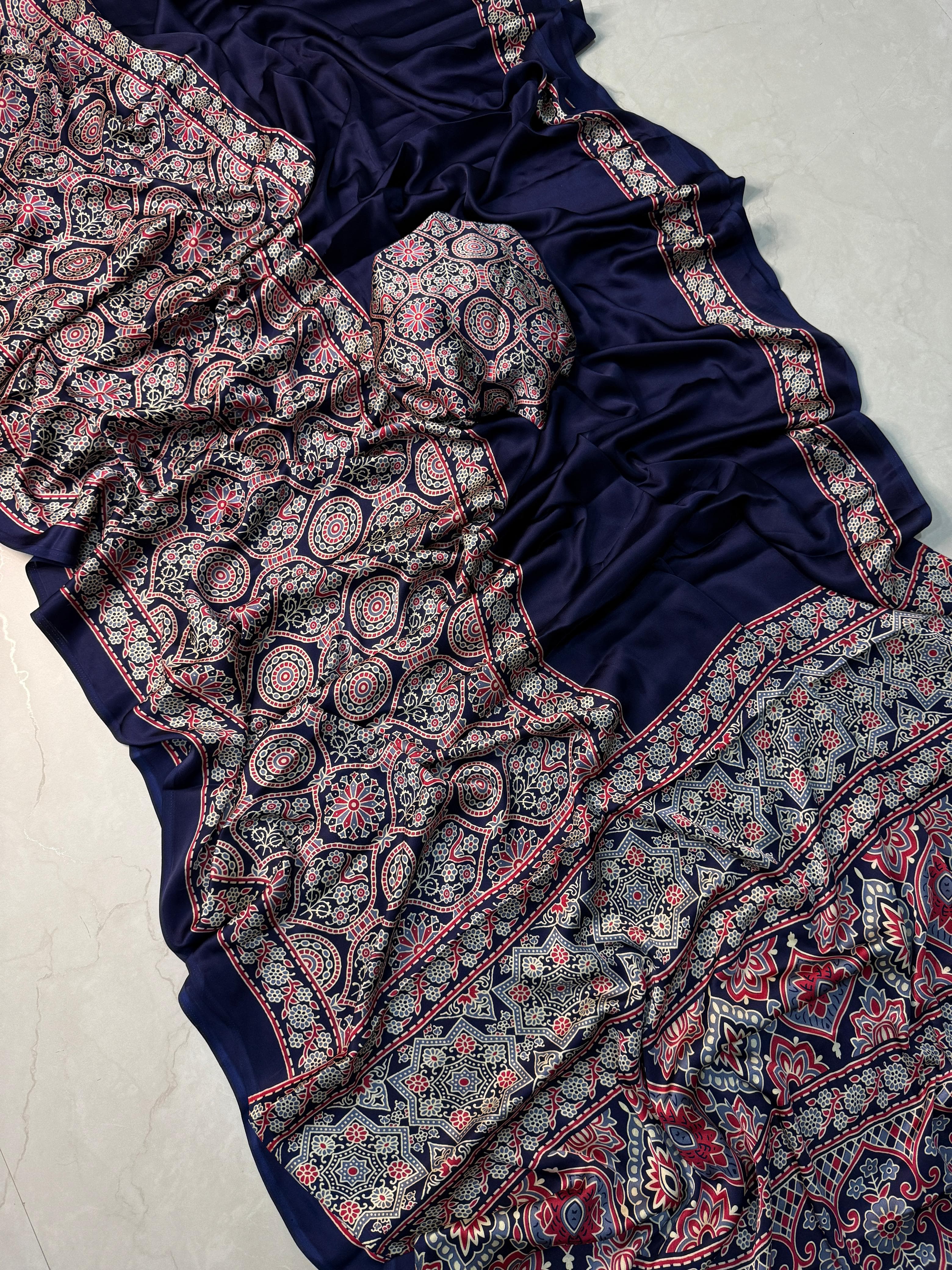 Ajrak satin Silk saree
