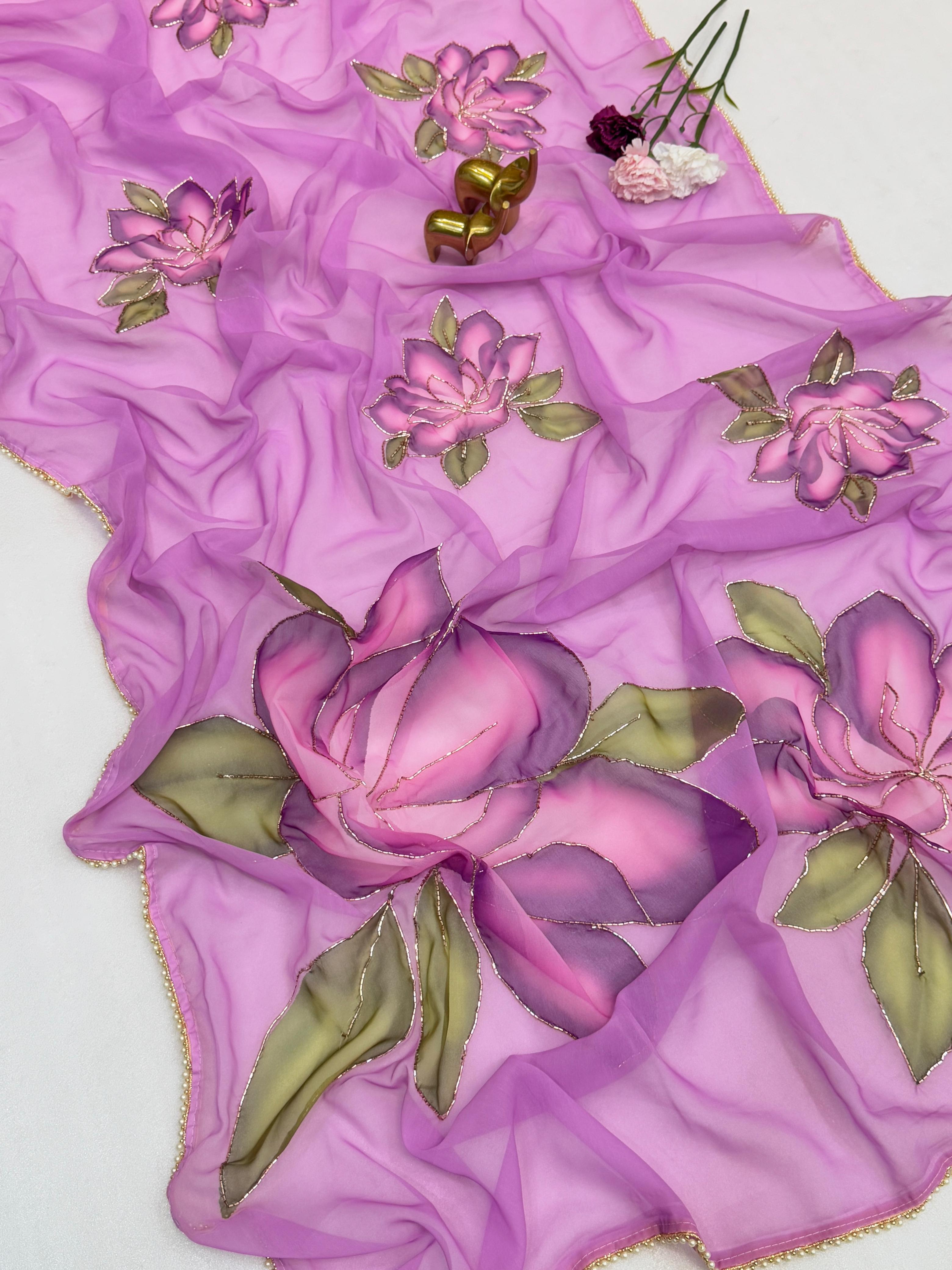 chiffon floral saree with cutwork and lace border
