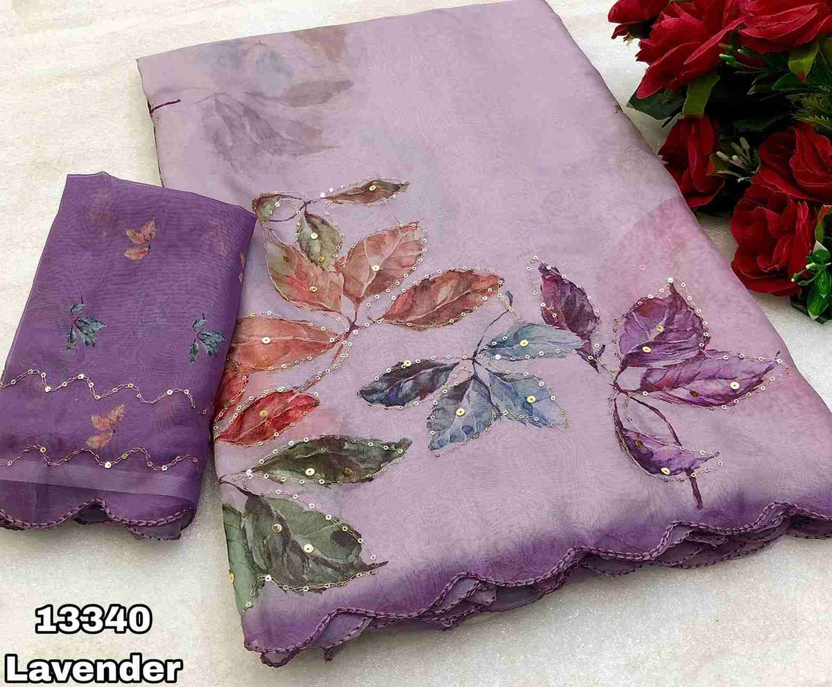 Tebby Organza Floral Leaf Design With Embroidery & Sequence Work & Scalloped Cutwork Border