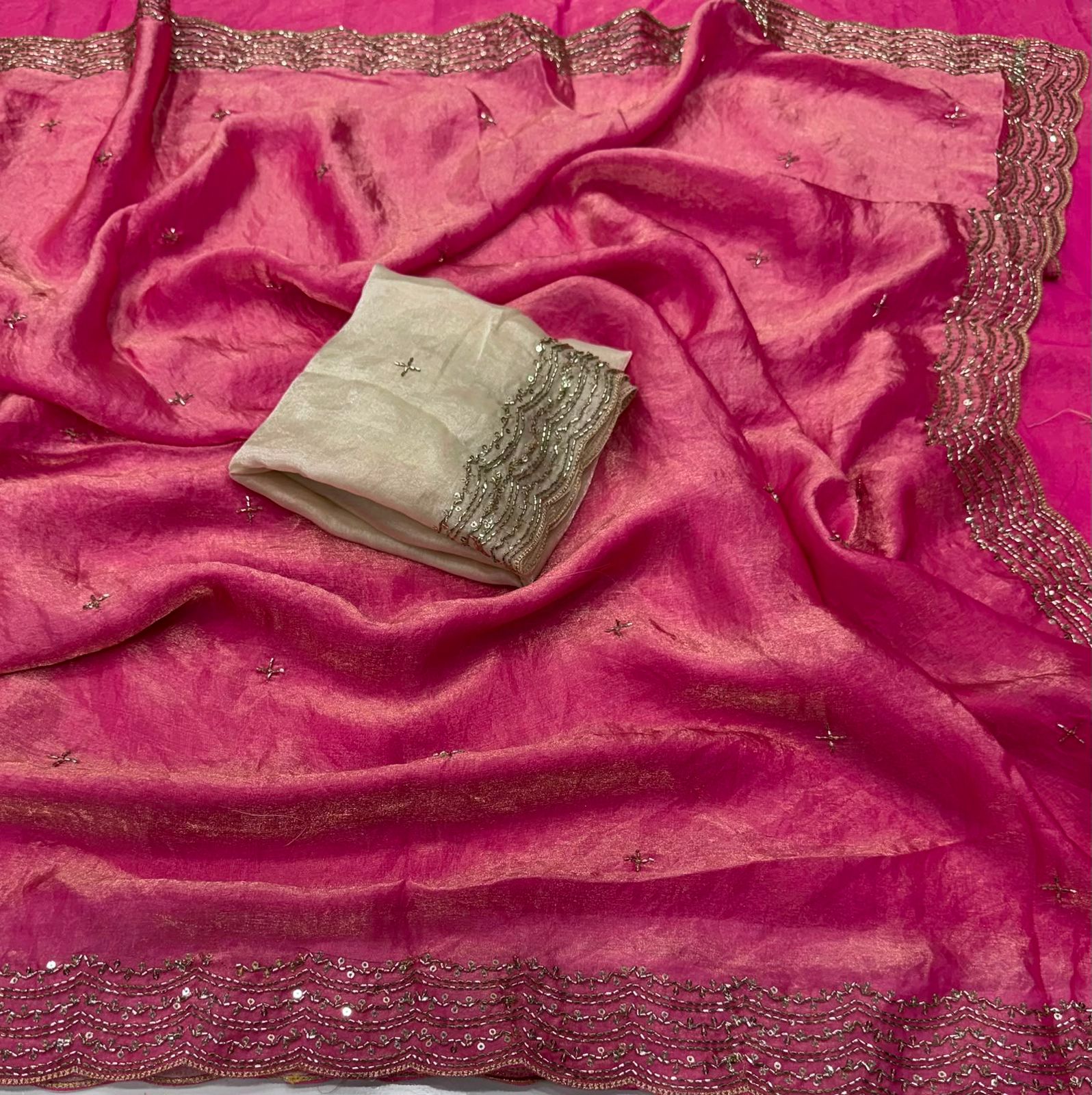 Space Sattin Bits Sequence Work Saree With Contrast Running Blouse