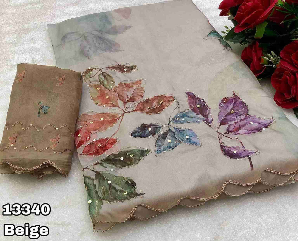 Tebby Organza Floral Leaf Design With Embroidery & Sequence Work & Scalloped Cutwork Border