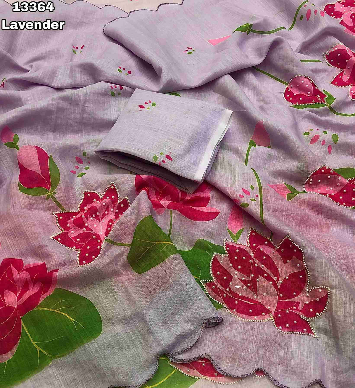 Soft Linen Lotus Design Digital Print Saree With Hand Moti Work Outing With Embroidery Scalloped Cutwork Border