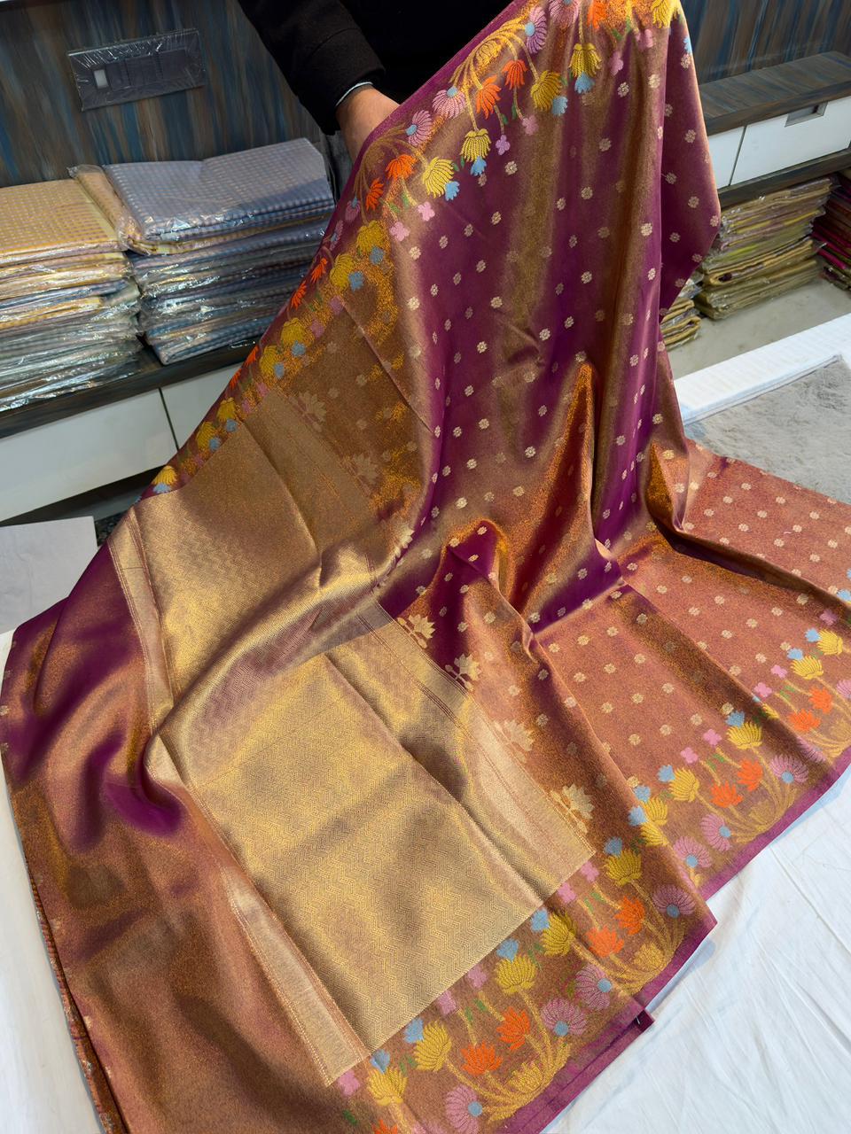 Banarasi Tissue Saree with Meenakari Flower Border