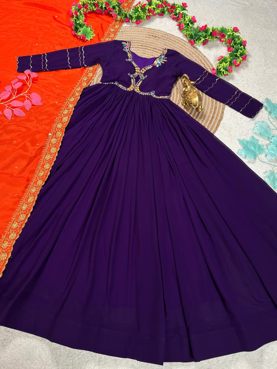 Purple Maggam Work Anarkali Dress with Duppata