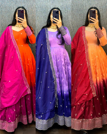 Beautiful Dual Shade Designer Long Frock with Dupatta