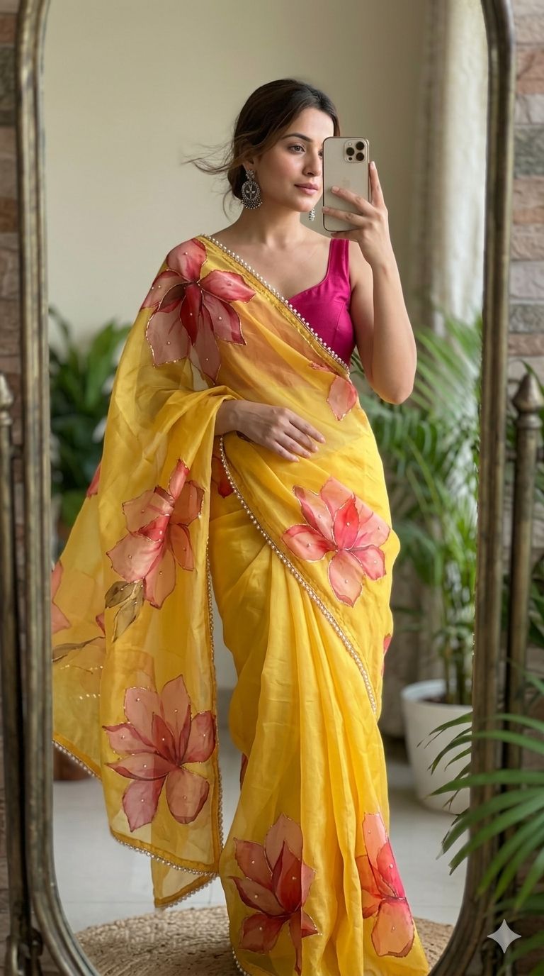 Georgette Silk with Designer Handwork Saree and Moti Lace Border