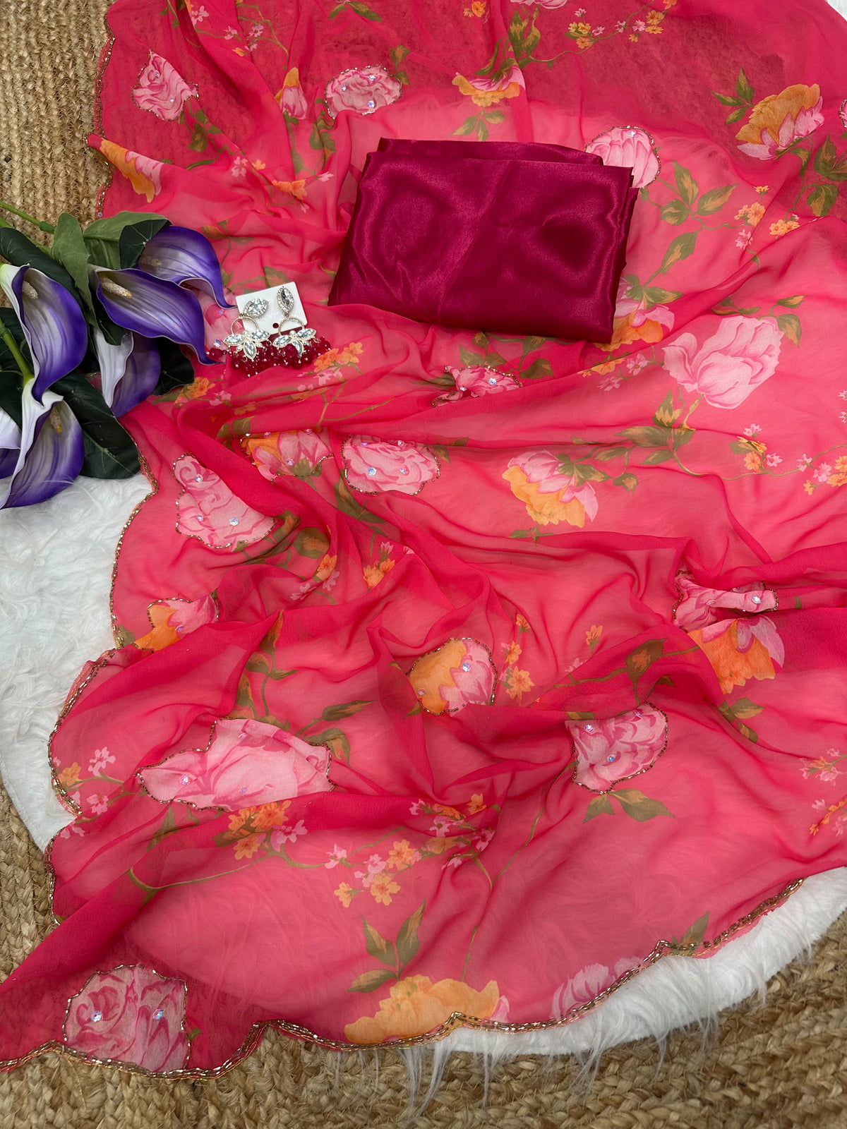 Soft Georgette Sarees with Digital Print & Designer Valmoti Handwork