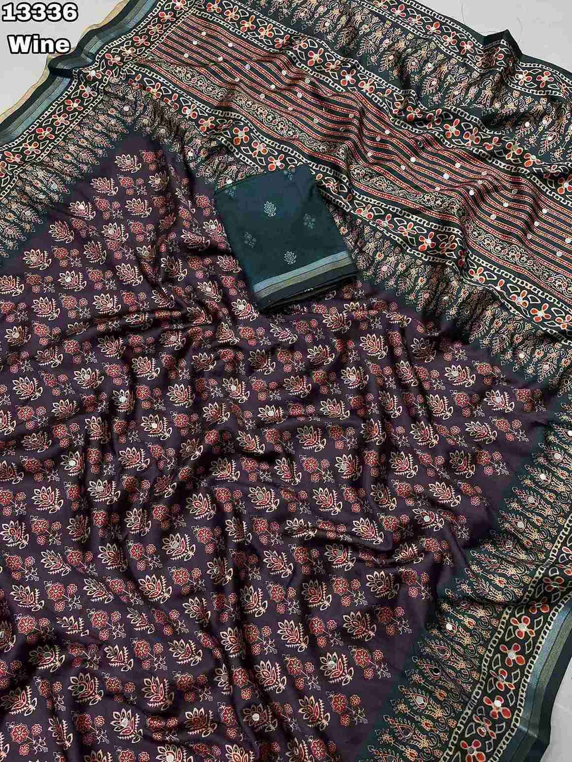 Soft & Smooth Silk Crape Ajrakh Design Digital Print With Original Mirror Work & Zari Weaving Borde