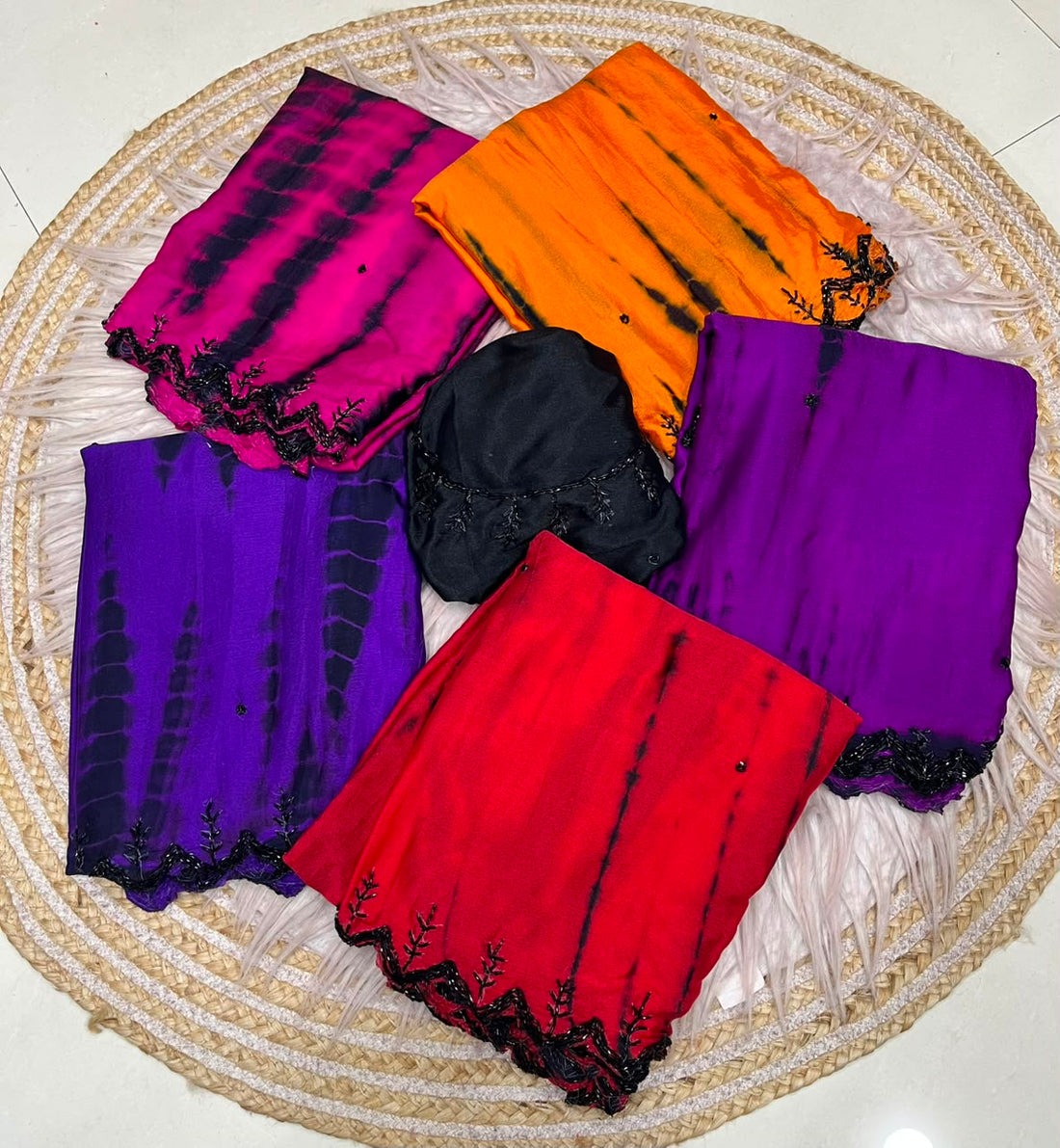 Pure Dyeable Chinon Sarees with Shibori design & Cutdana Border