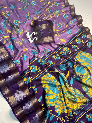 Soft Dola Kalamkari Saree with Peacock Weaving