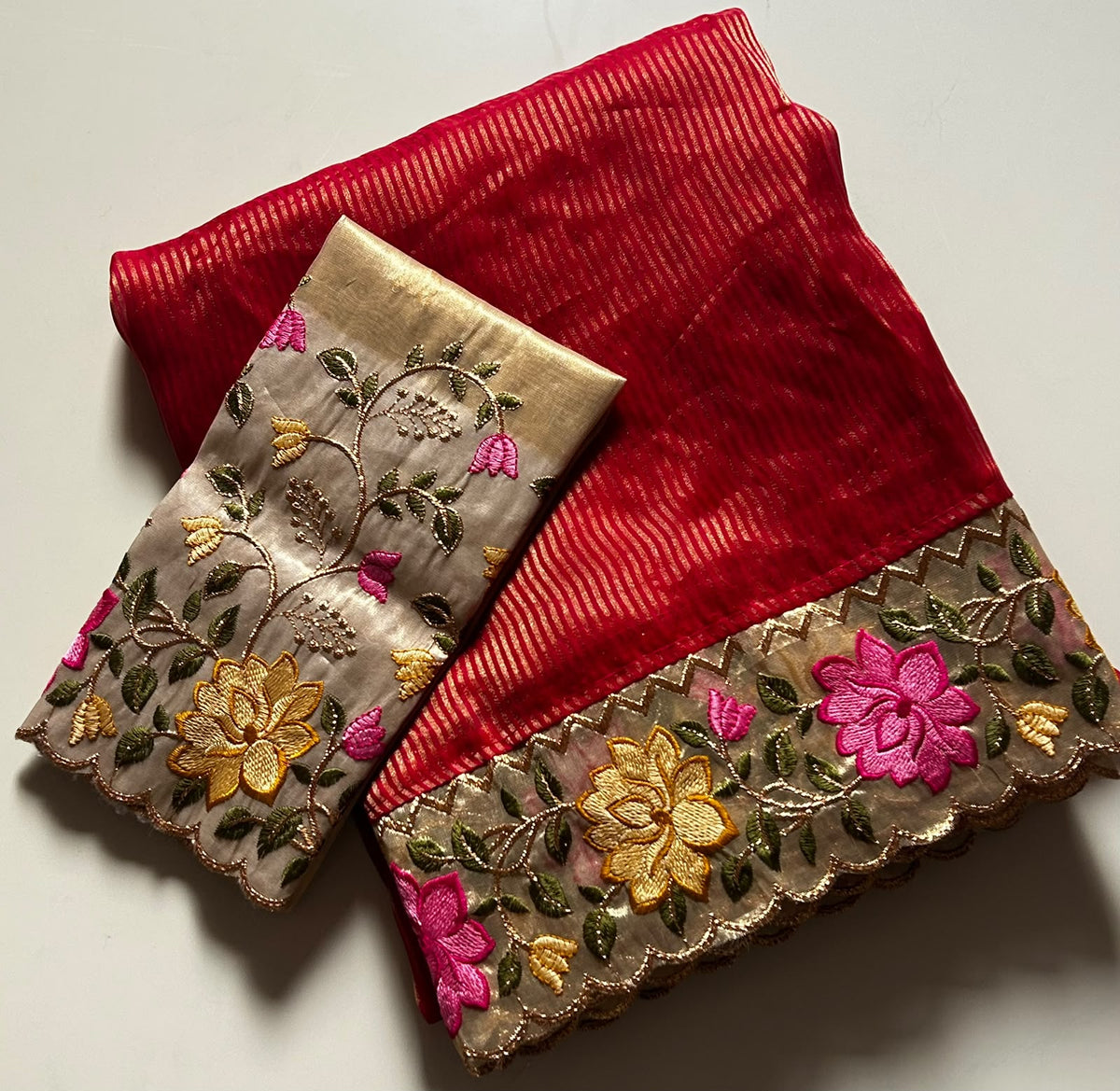 Pure Tissue Organza Silk Stripe Sarees designd with embroidery work blouse