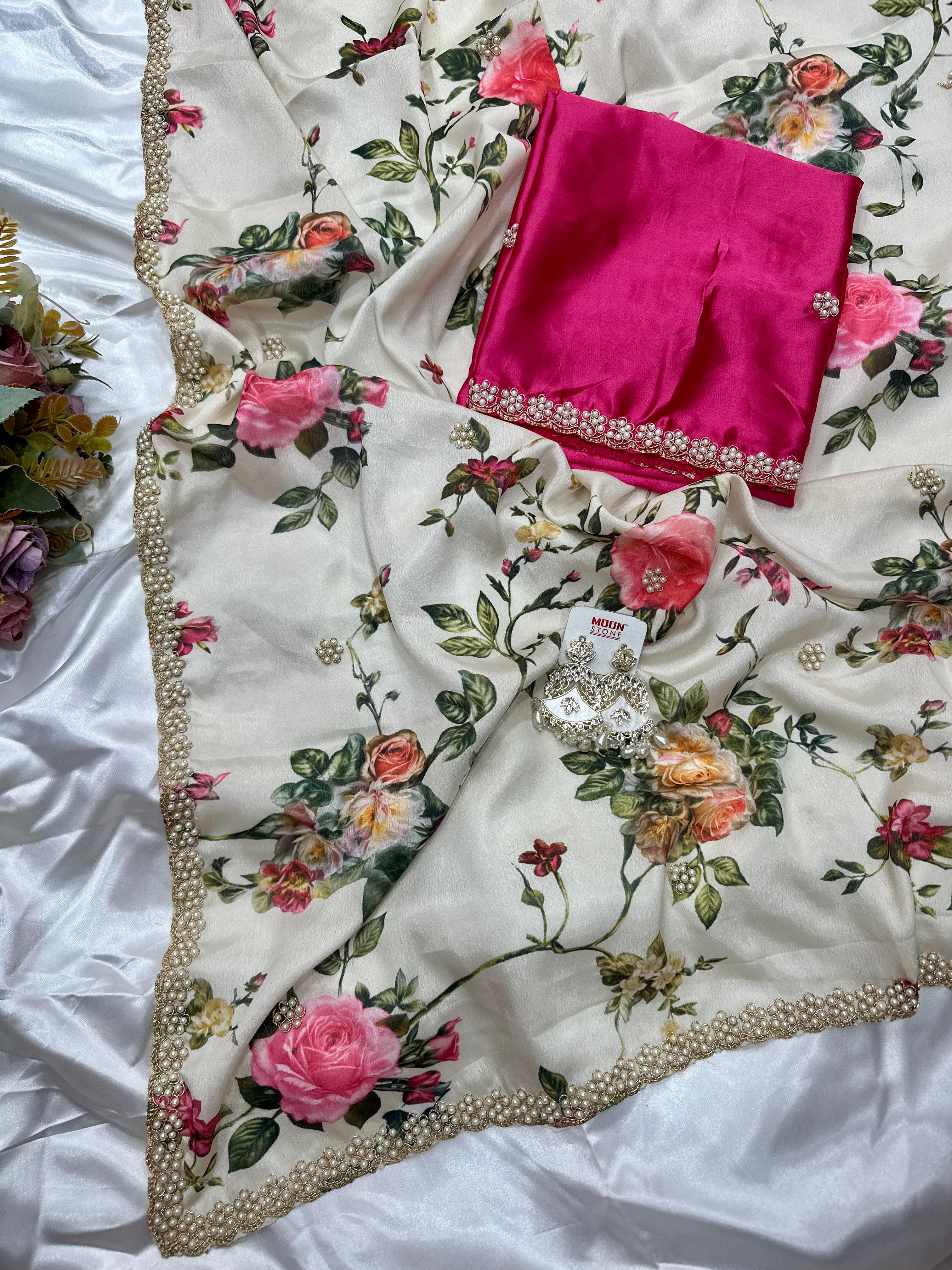 Chinnon Saree with Floral Designs & Moti Work