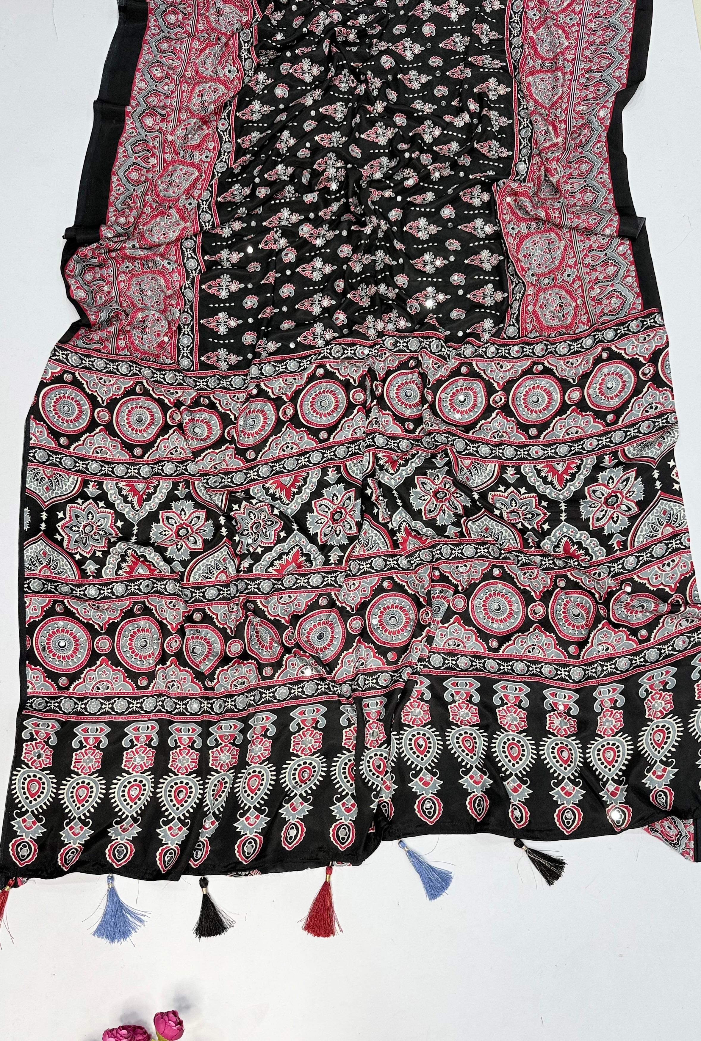 Ajrakh Saree with All Over Mirror Work