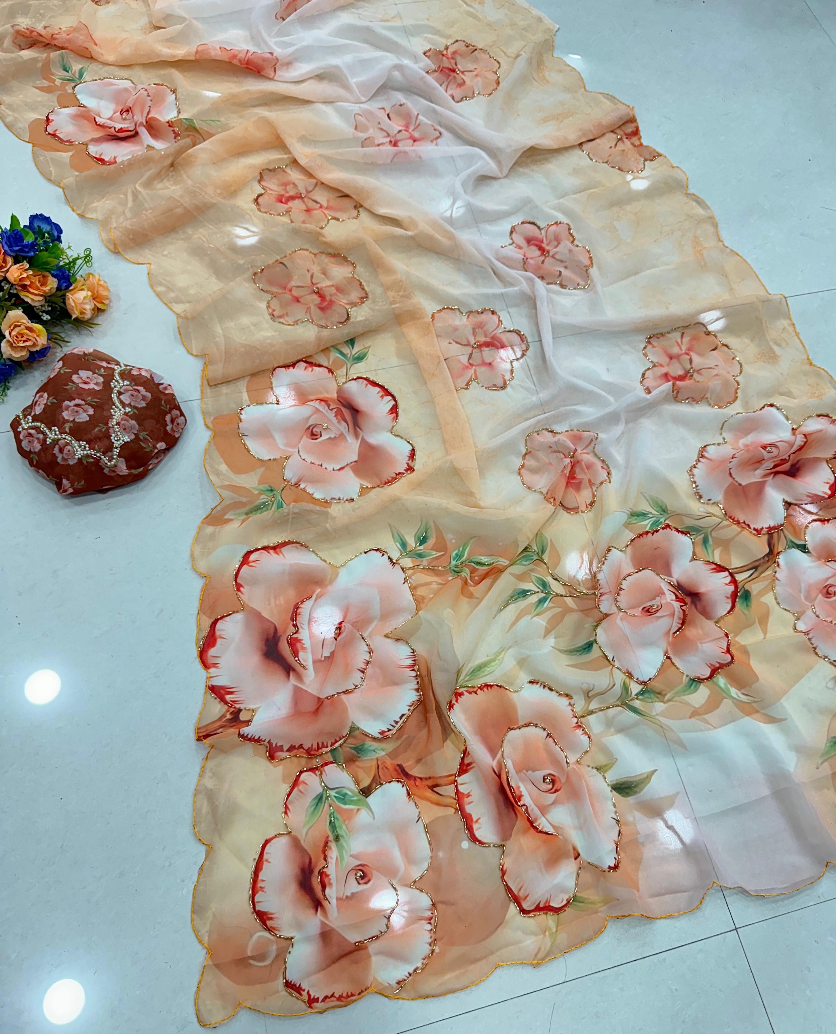 Chiffon floral saree with cutdana work