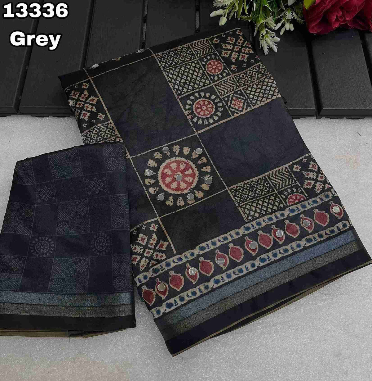 Soft & Smooth Silk Crape Ajrakh Design Digital Print With Original Mirror Work & Zari Weaving Borde