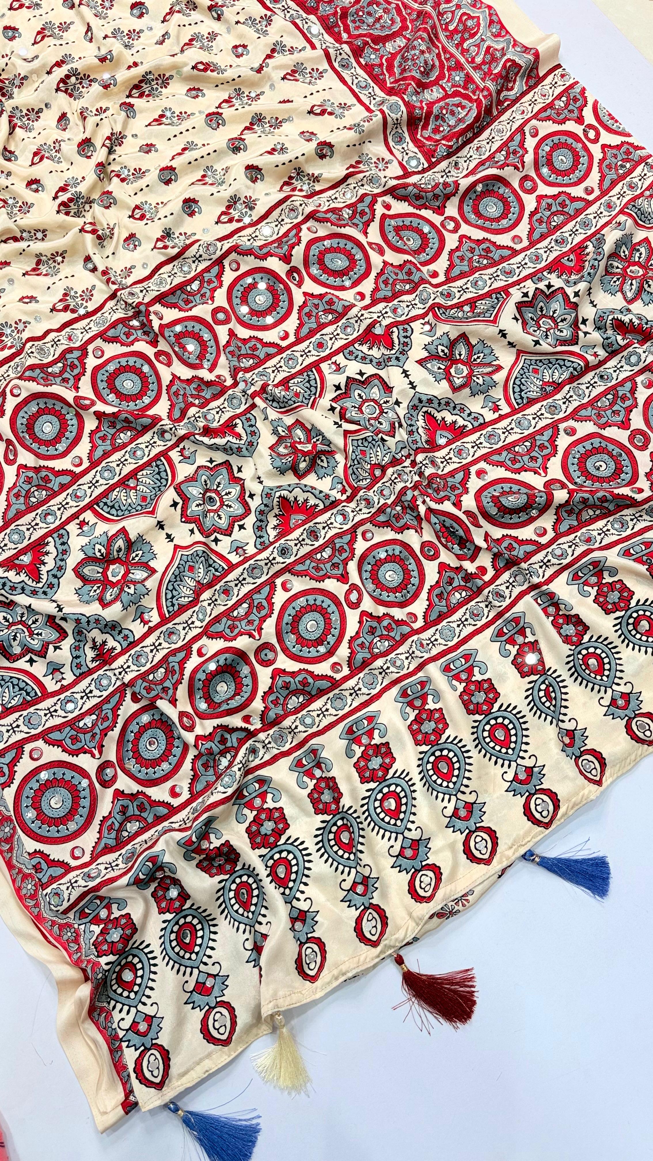 Ajrakh Saree with All Over Mirror Work