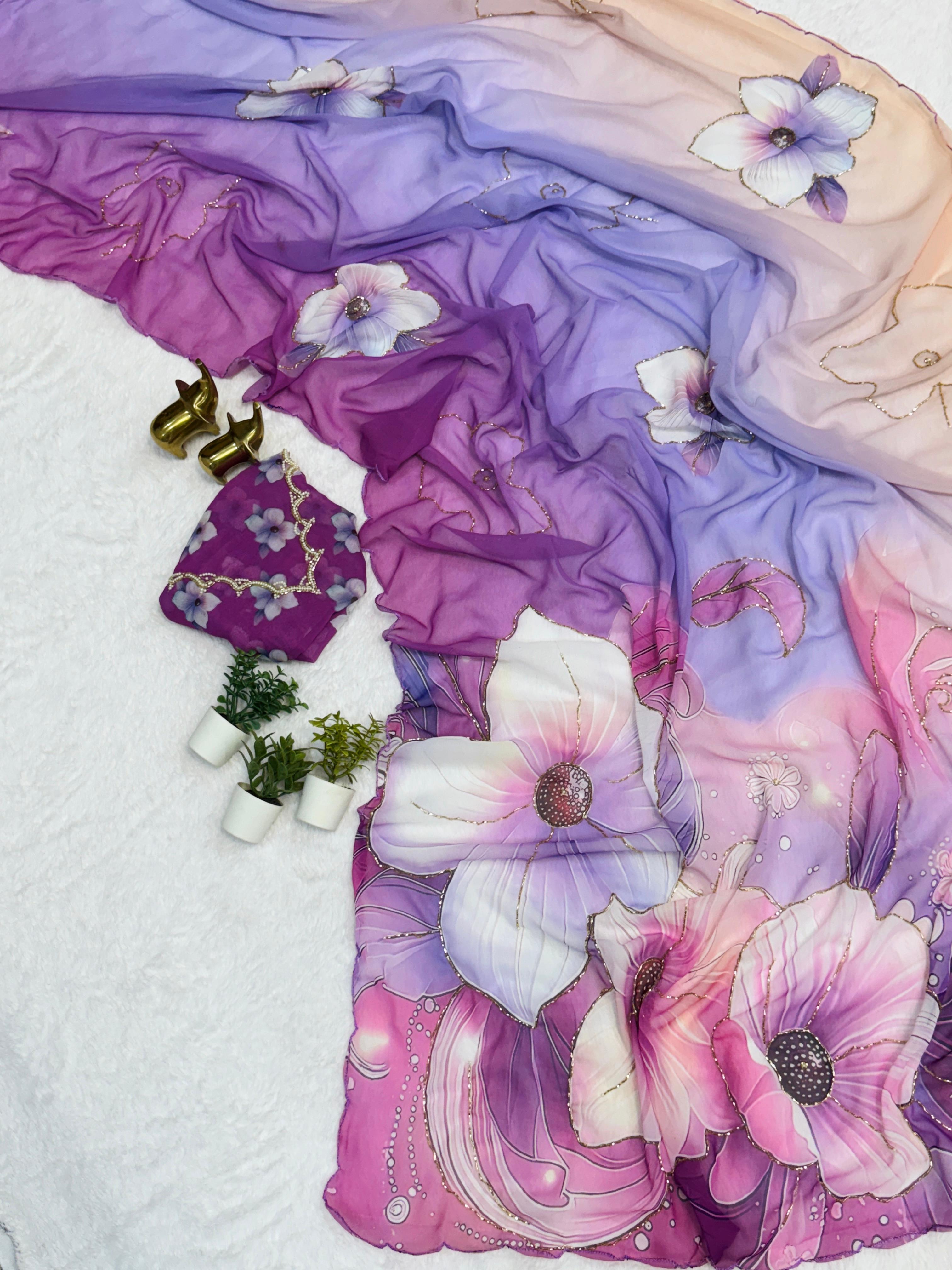 Chiffon Floral Digital Print with Beautiful Handwork and Arco Lace Border