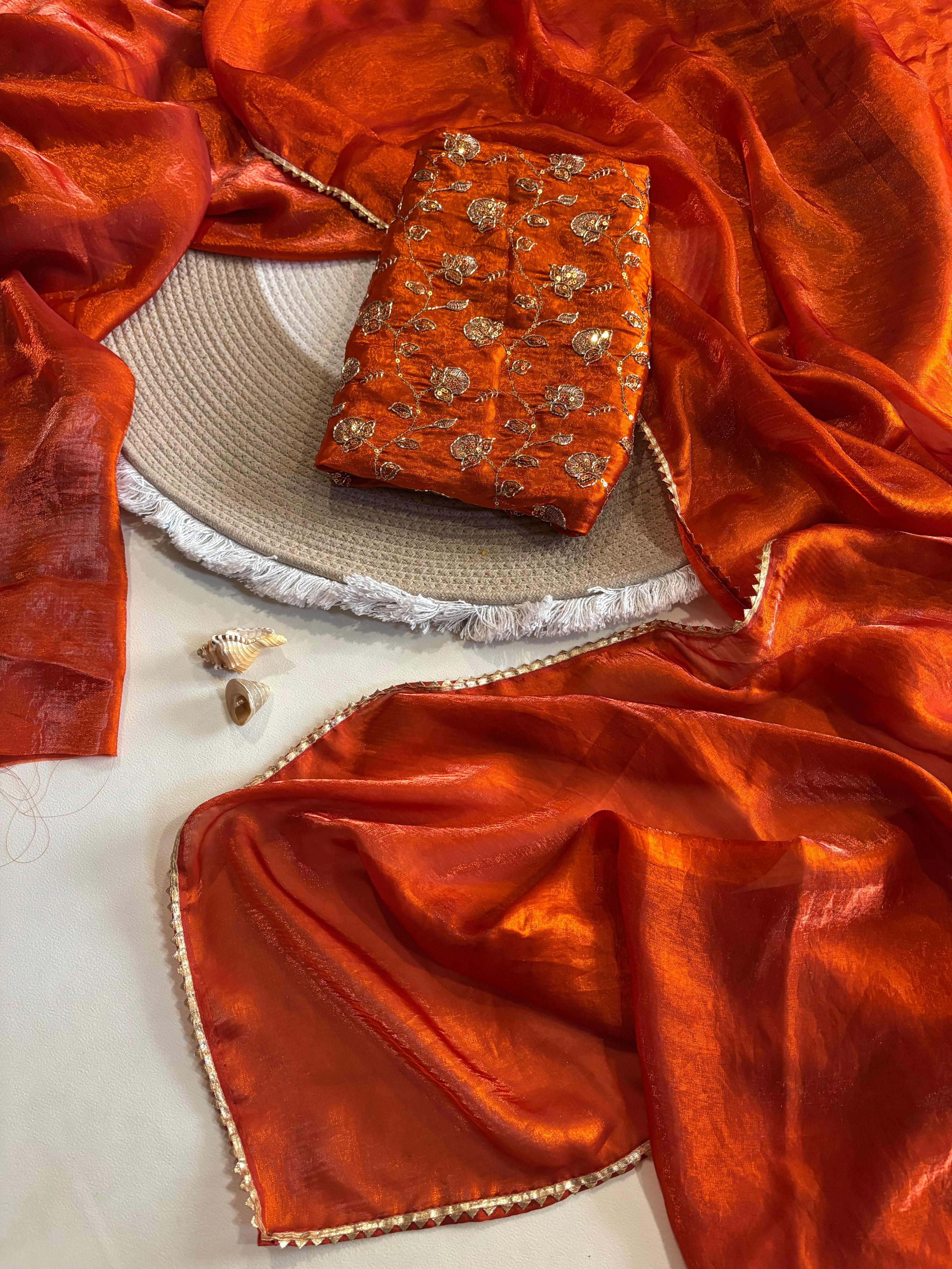 Designer Space Silk Sarees with Beads Work Blouse