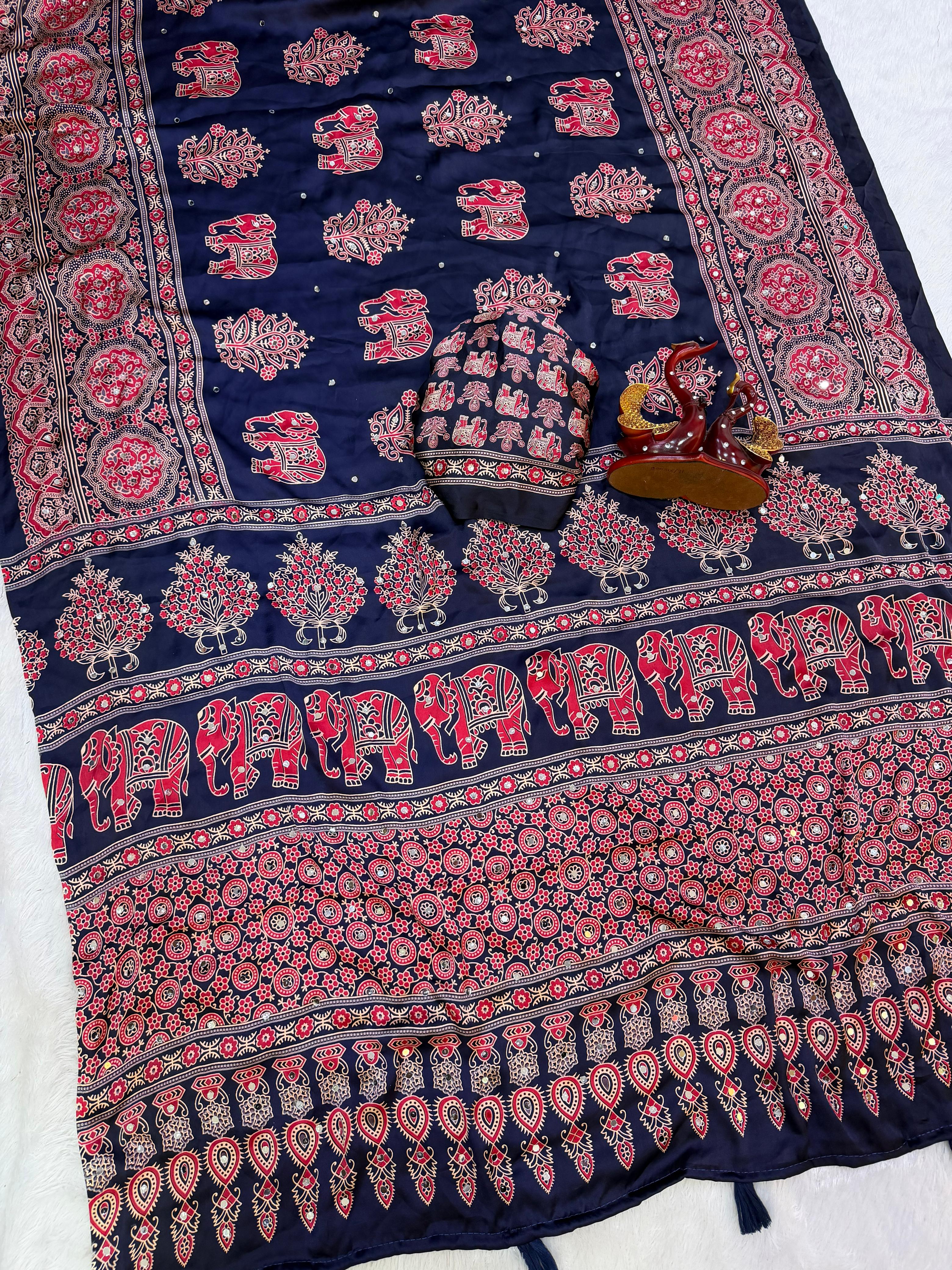 Beautiful Ajrakh Print with Real Mirror Work and Latkan