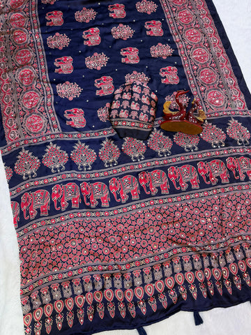 Beautiful Ajrakh Print with Real Mirror Work and Latkan