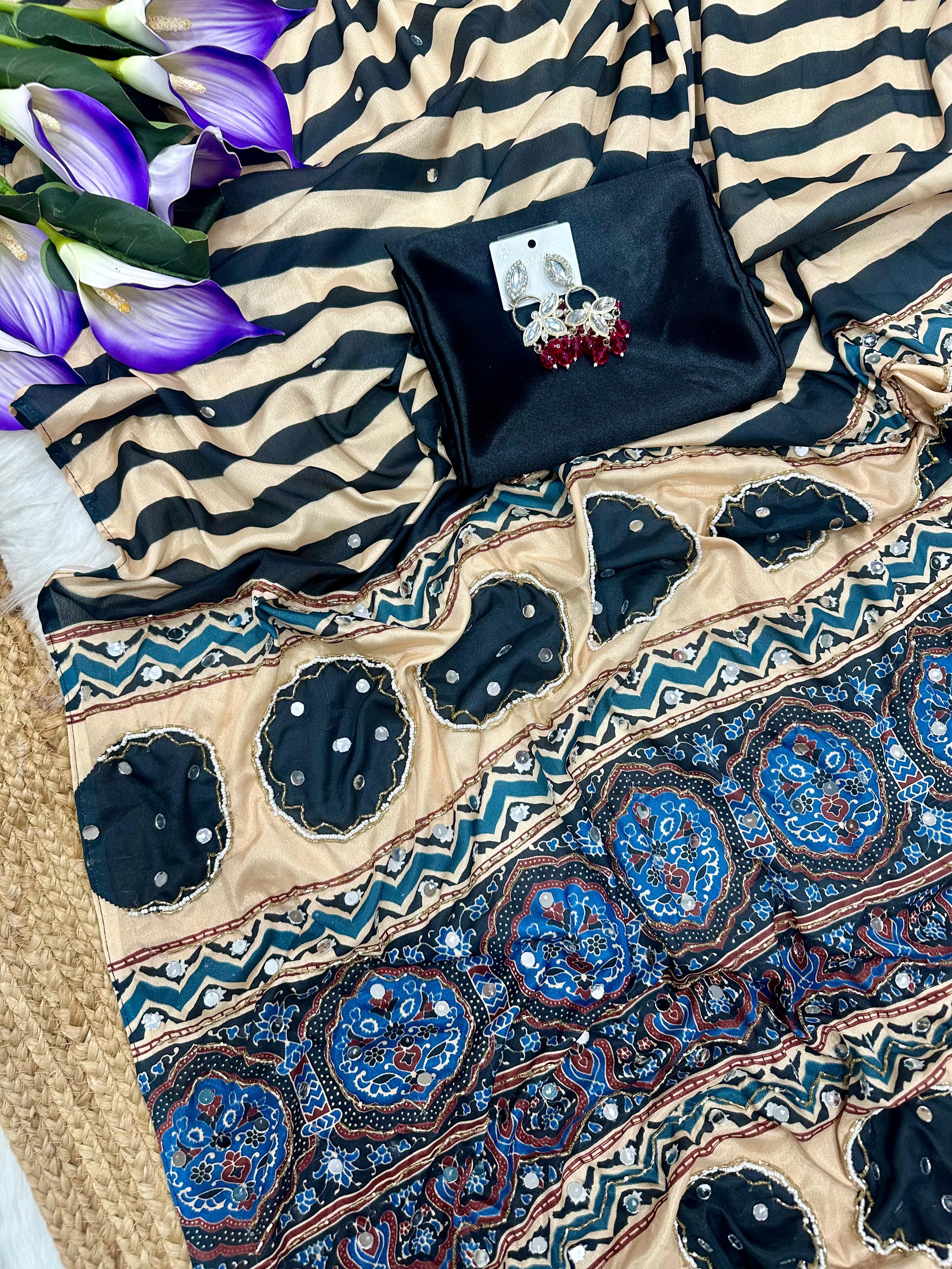 New Ajrakh Designer Handwork Party Wear Saree with Original Mirror Work
