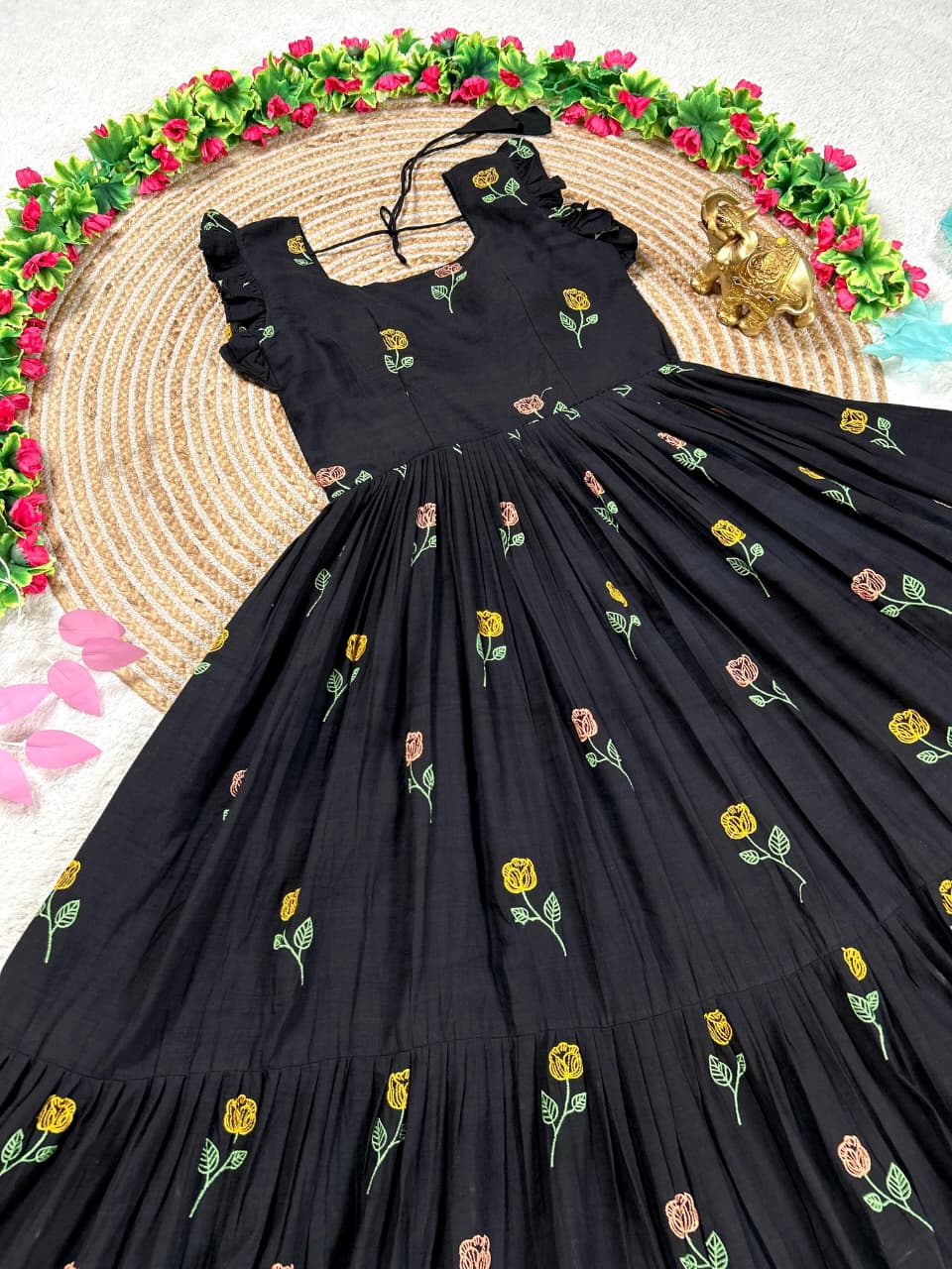 Soft Cotton Black Flower Gown