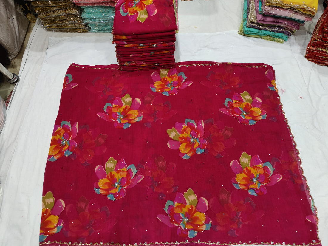 Georgette Digital Print Saree with Handwork on Body/Border & Plain Blouse