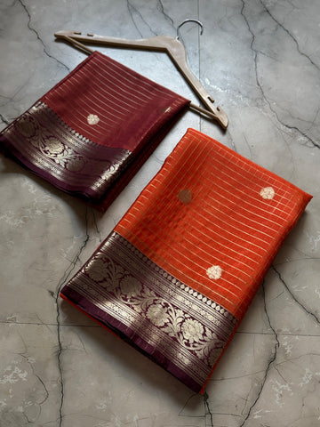 Banarasi Semi Katan Soft Zari with Checks Buti Silk Saree. Rust Orange & Brown