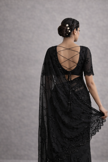 Premium Black 🖤 Cocktail Saree with All Over Cutdana Work