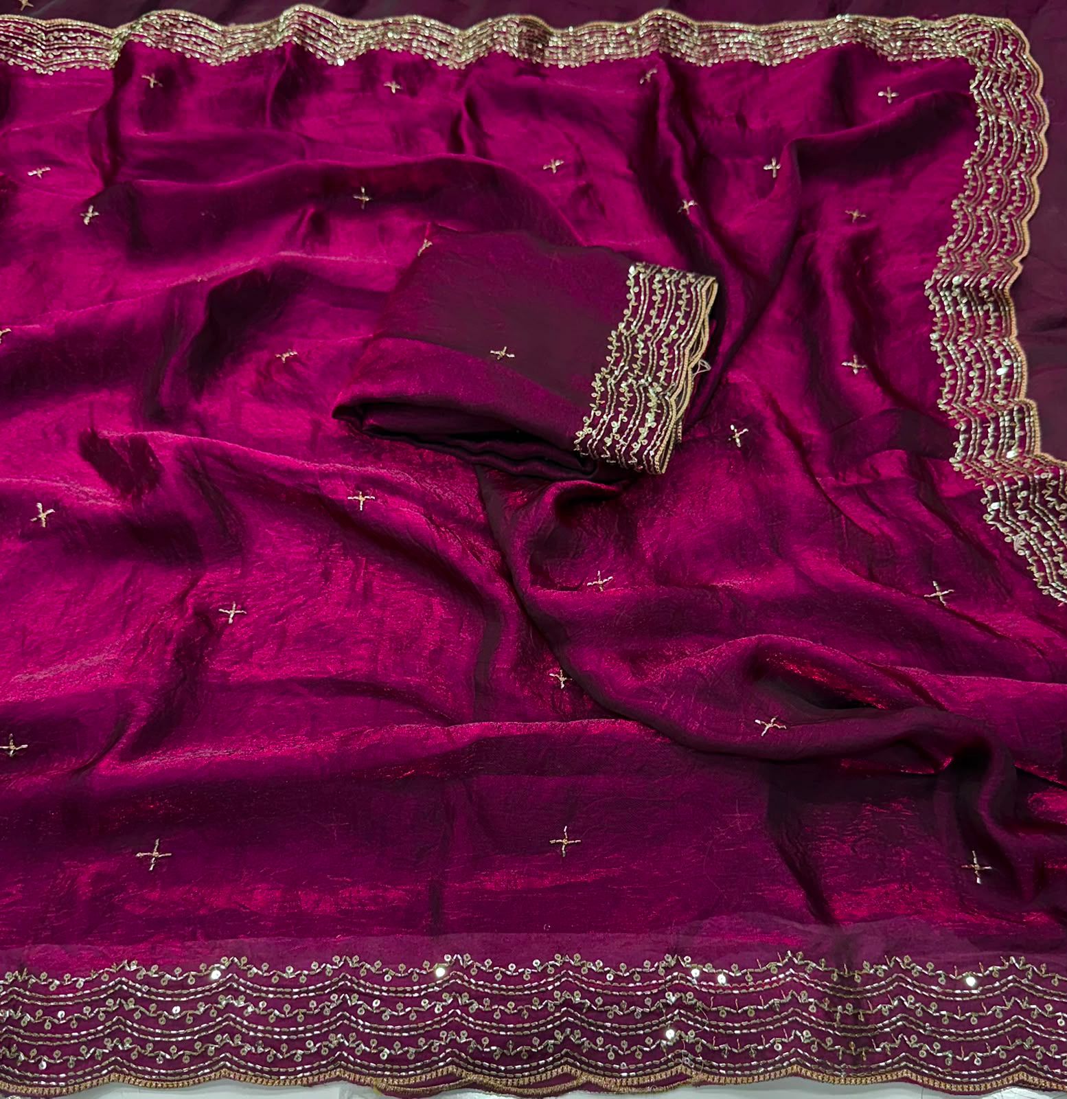Space Sattin Bits Sequence Work Saree With Contrast Running Blouse