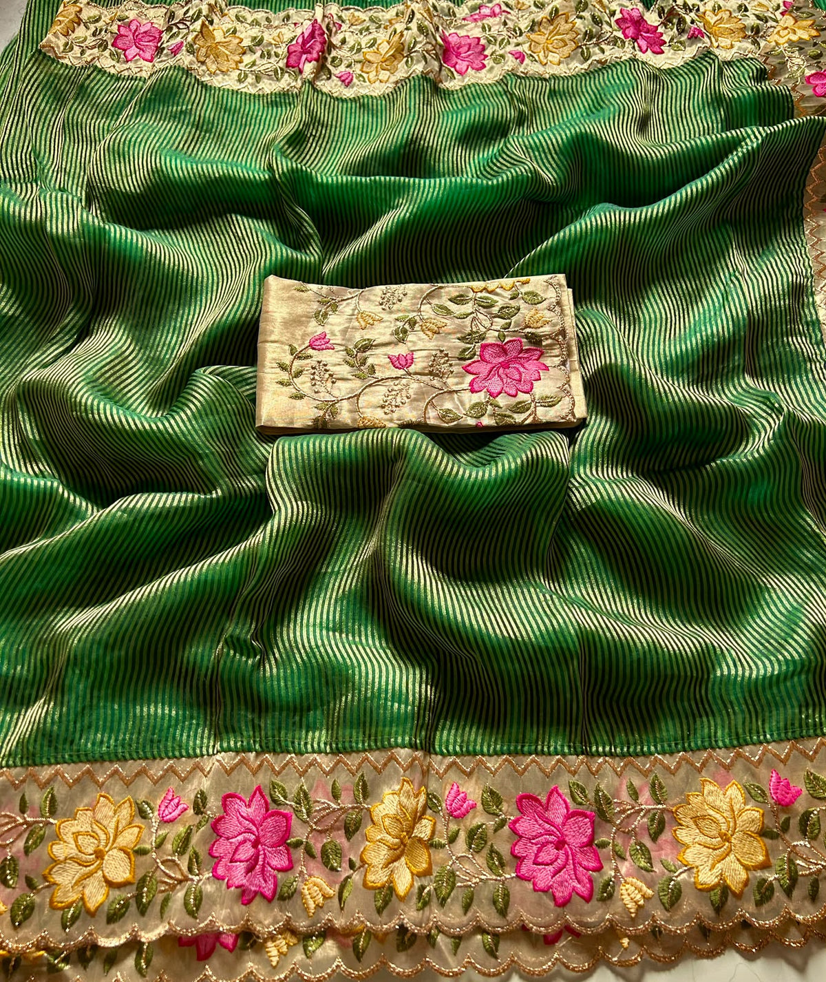 Pure Tissue Organza Silk Stripe Sarees designd with embroidery work blouse