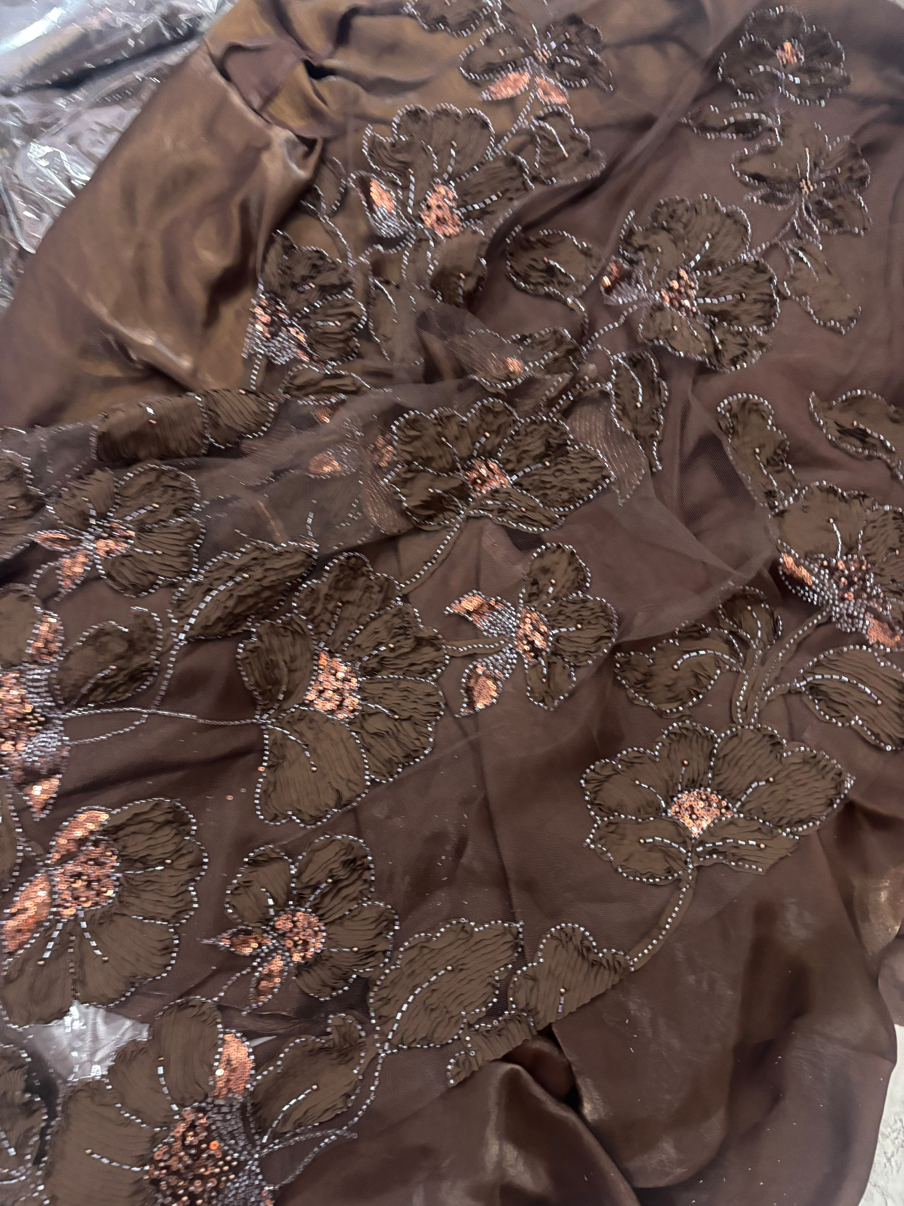 Beautiful Designer Saree in Coffee Color with Ribbon Beads Designer Worked Blouse