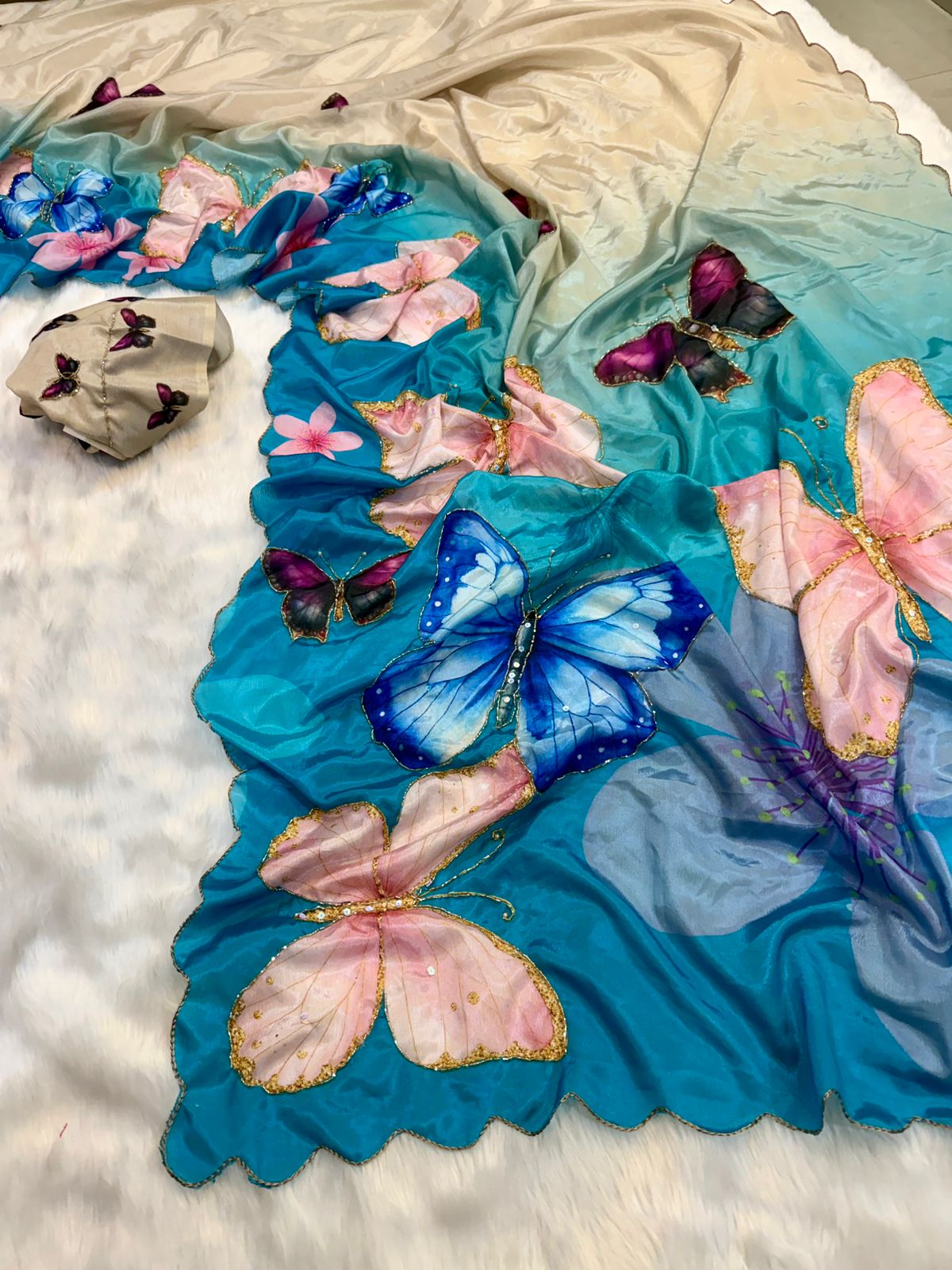 Butterfly Design Rasmalai Silk Saree with Cutdana Work in 4 Colors