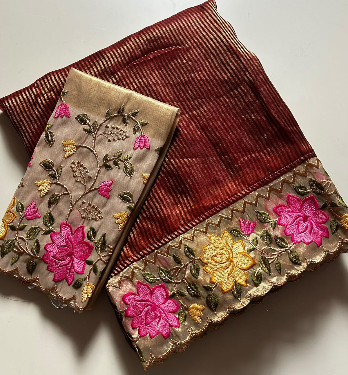 Pure Tissue Organza Silk Stripe Sarees designd with embroidery work blouse