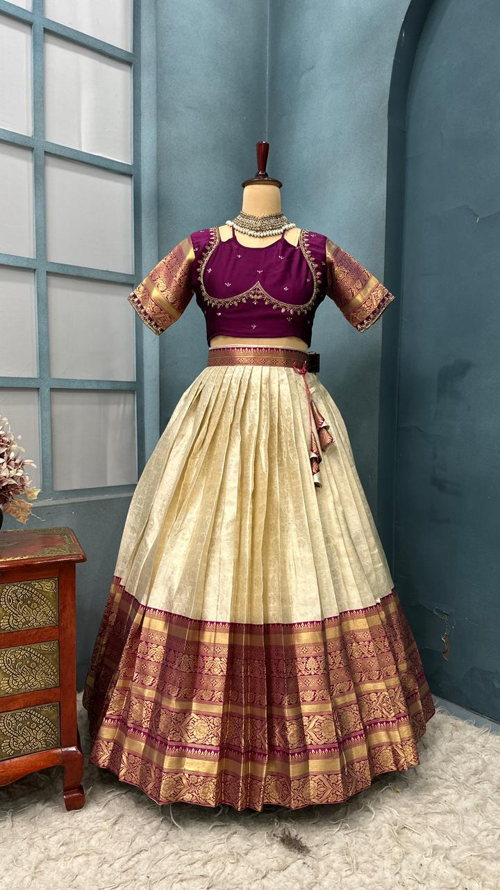 Premium Designer Pure Banarasi Tissue Silk Fully Stitched Lehangas
