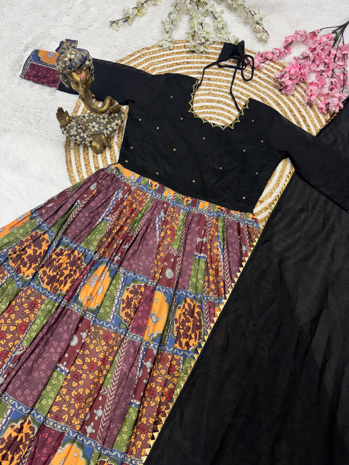 Vichitra Silk and Muslin Gown with Handwork & Duppata with Lace Border