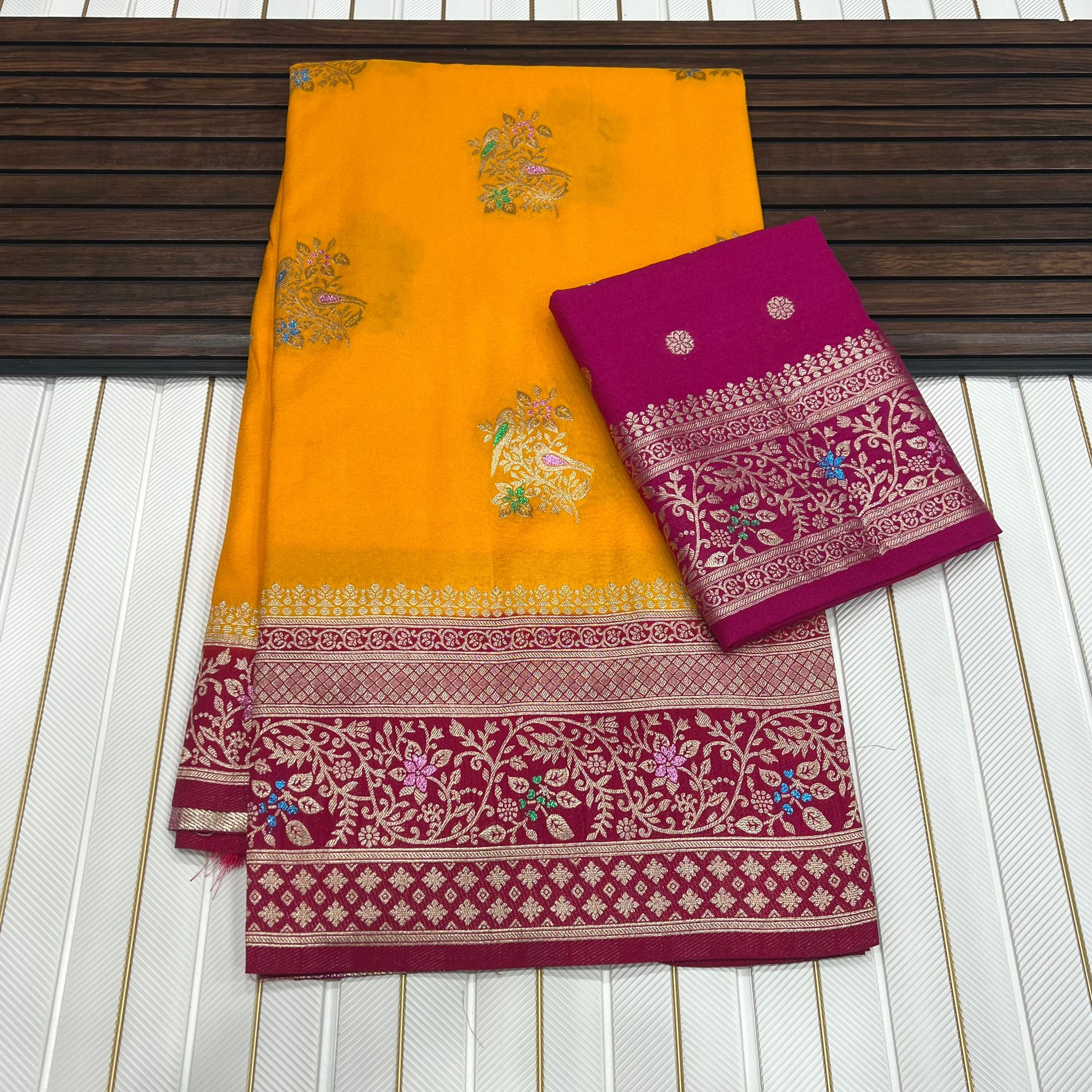 Pure Khadi Crep Georgette antique colour jari Meena Jaqurad Weveing Rich pallu saree with running blouse