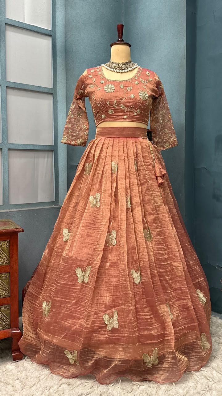 Premium Salsa Silk Fully Stitched Lehenga Set with Elegant Butterfly Maggam Embroidery